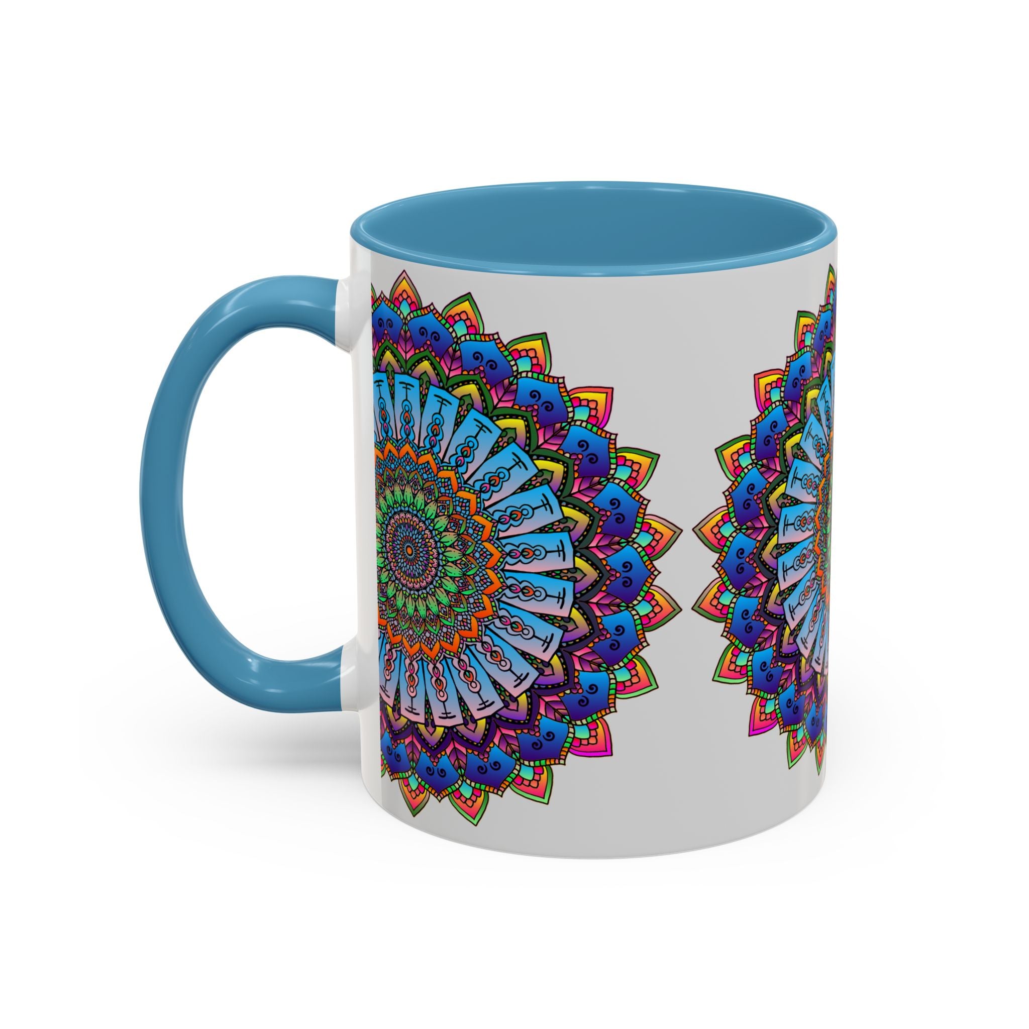 Eye-catching mandala design with vibrant colors on a grey ceramic mug