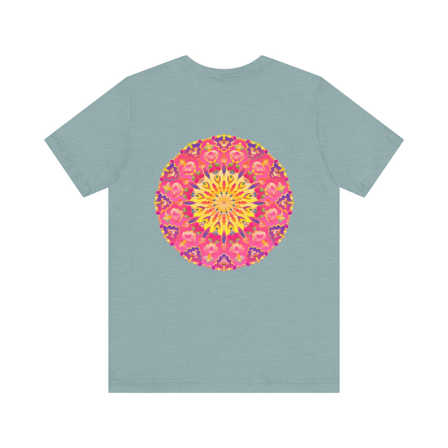 Beautiful pink and yellow mandala T-shirt with intricate design promoting peace and harmony