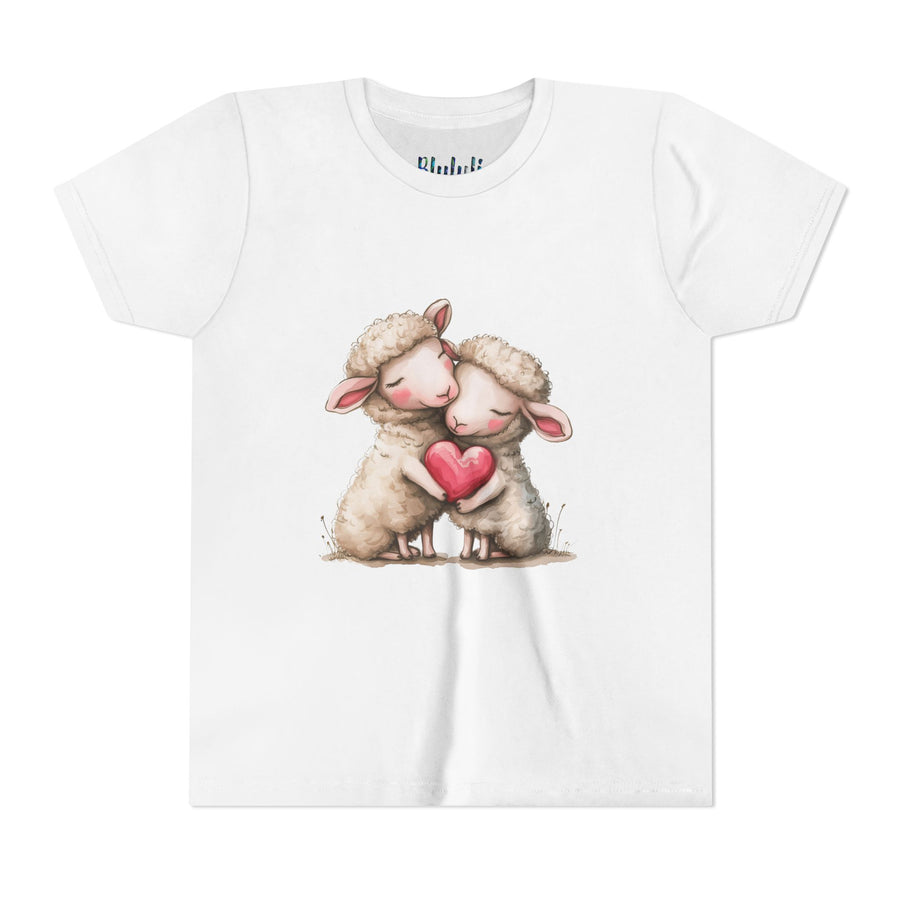 Youth Tee - Cartoon Sheeps Hugging Heart, Cute and Lovely Design
