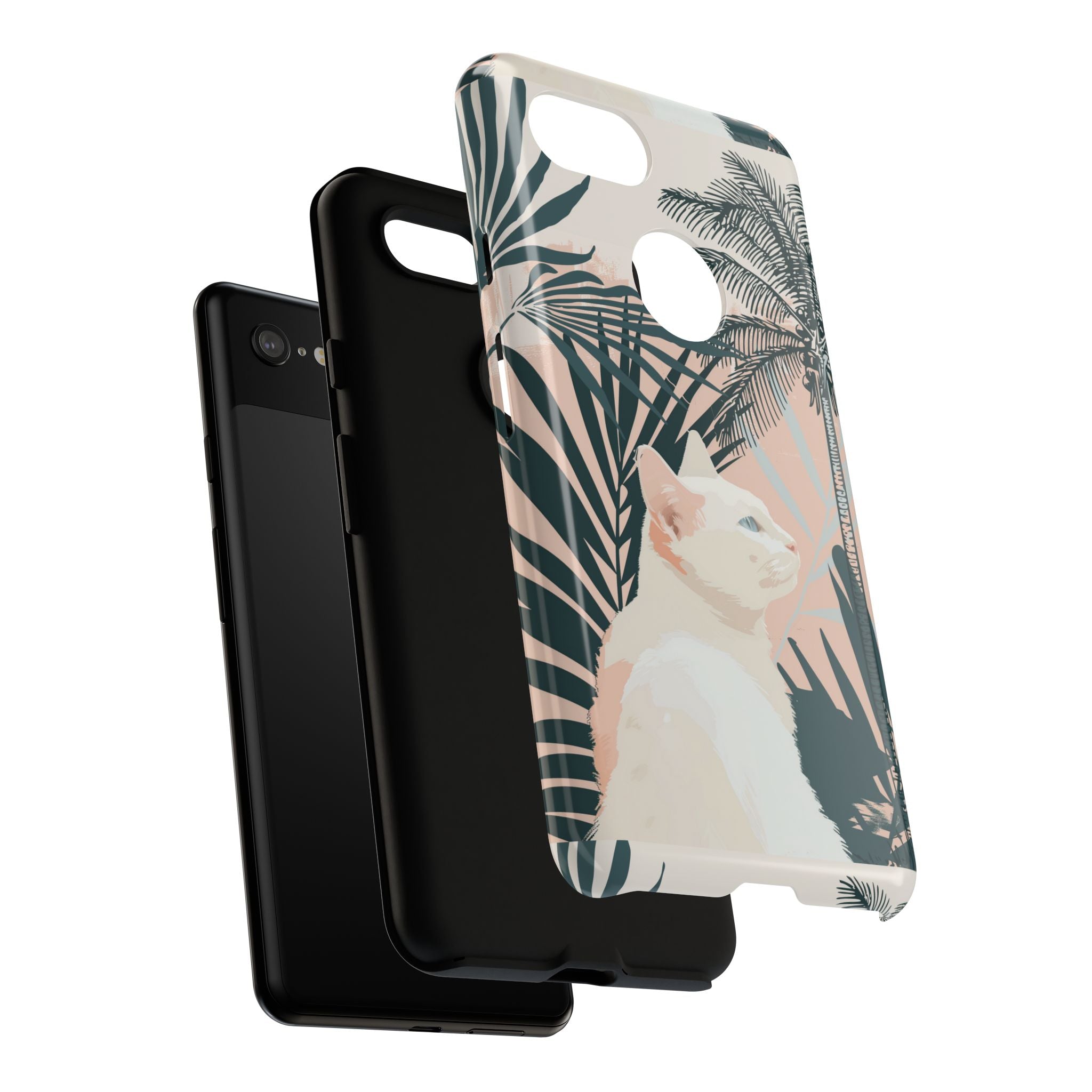 Tropical Cat Phone Case with Lush Palm Motifs and Soft Pastels