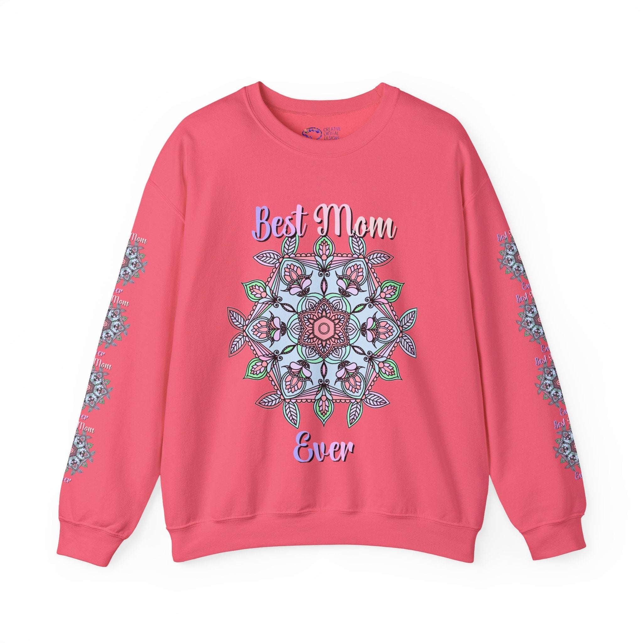 Pink sweatshirt with mandala design and 'Best Mom Ever' text on a white background