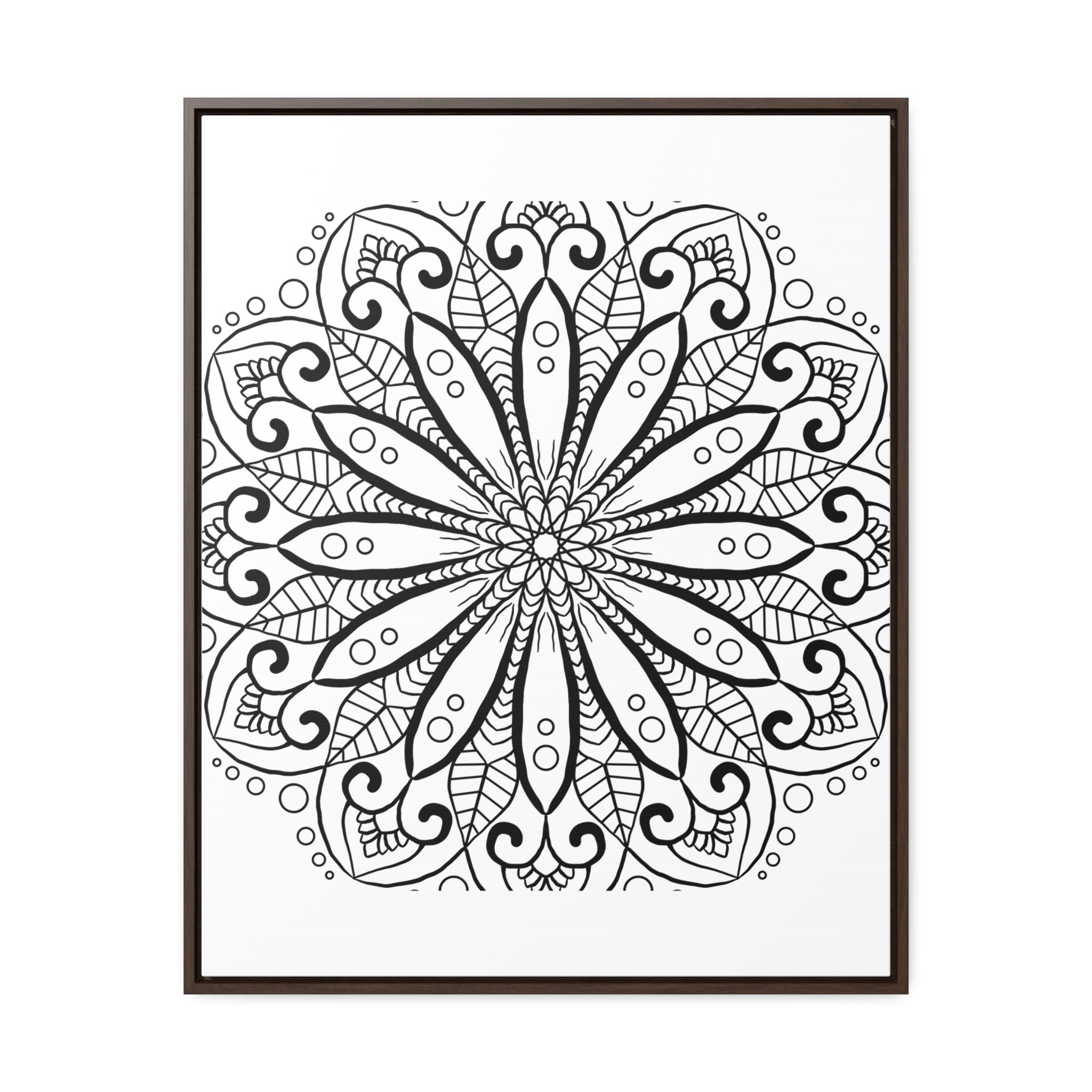 Beautiful black and white mandala handmade art on gallery canvas wraps, displayed in a vertical frame for elegant wall decor