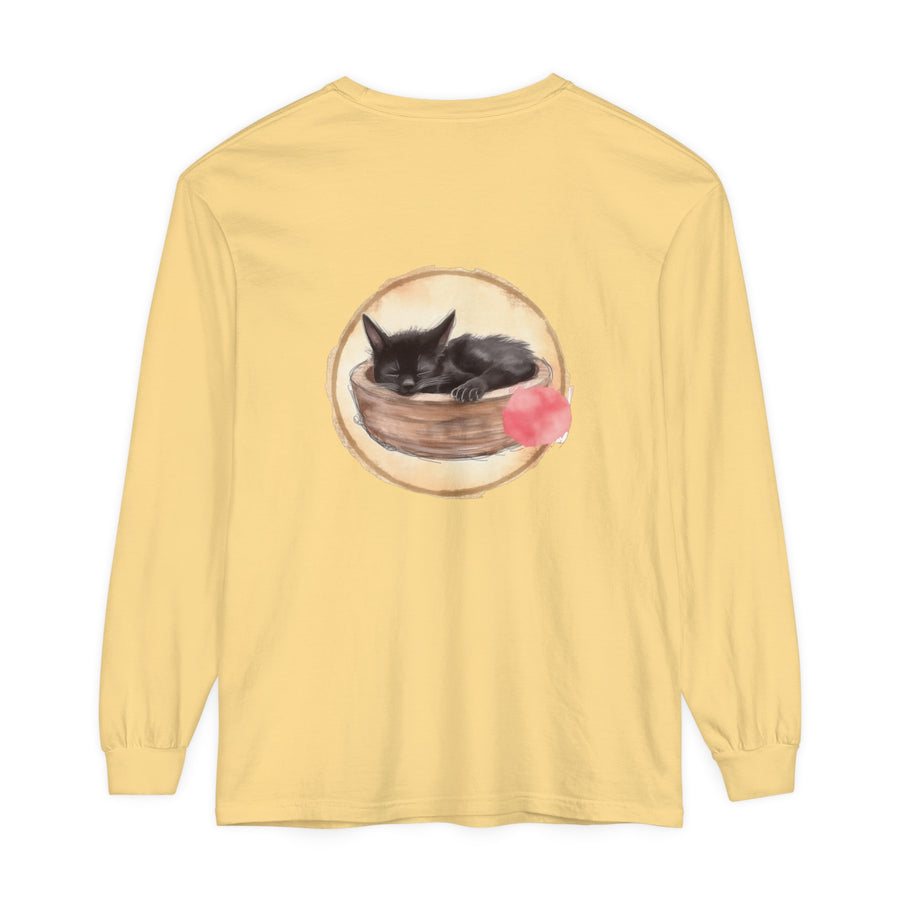 Watercolor illustration of a cute sleeping cat in a bowl on a long sleeve t-shirt