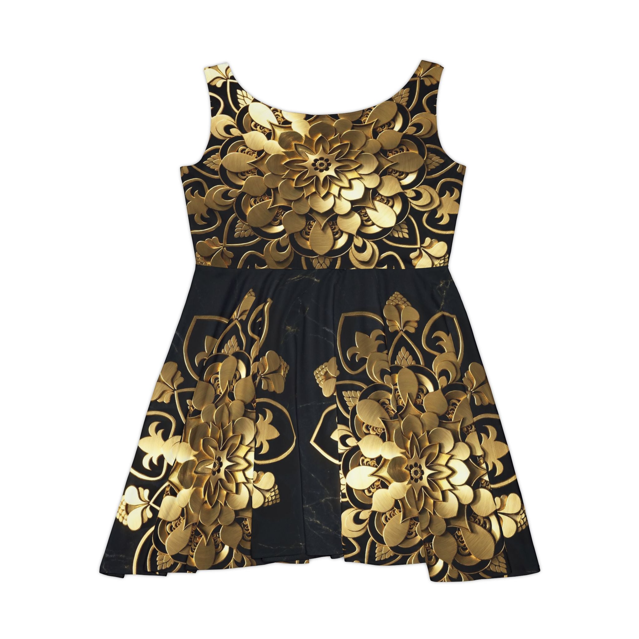 Gold Floral Skater Dress - Black & Metallic Mandala Print, Elegant Party Dress