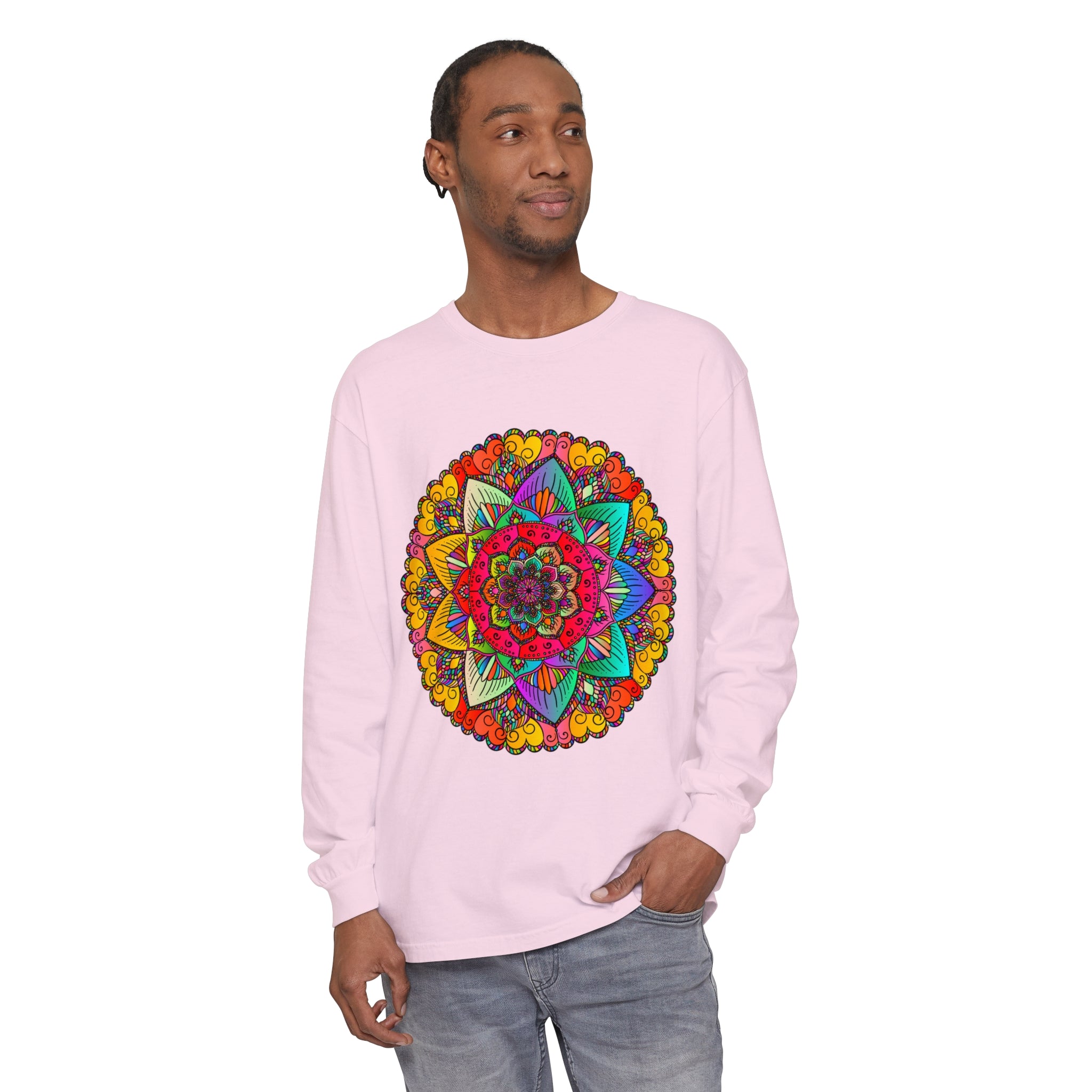 Stylish and comfortable long sleeve t-shirt with bold and colorful mandala pattern