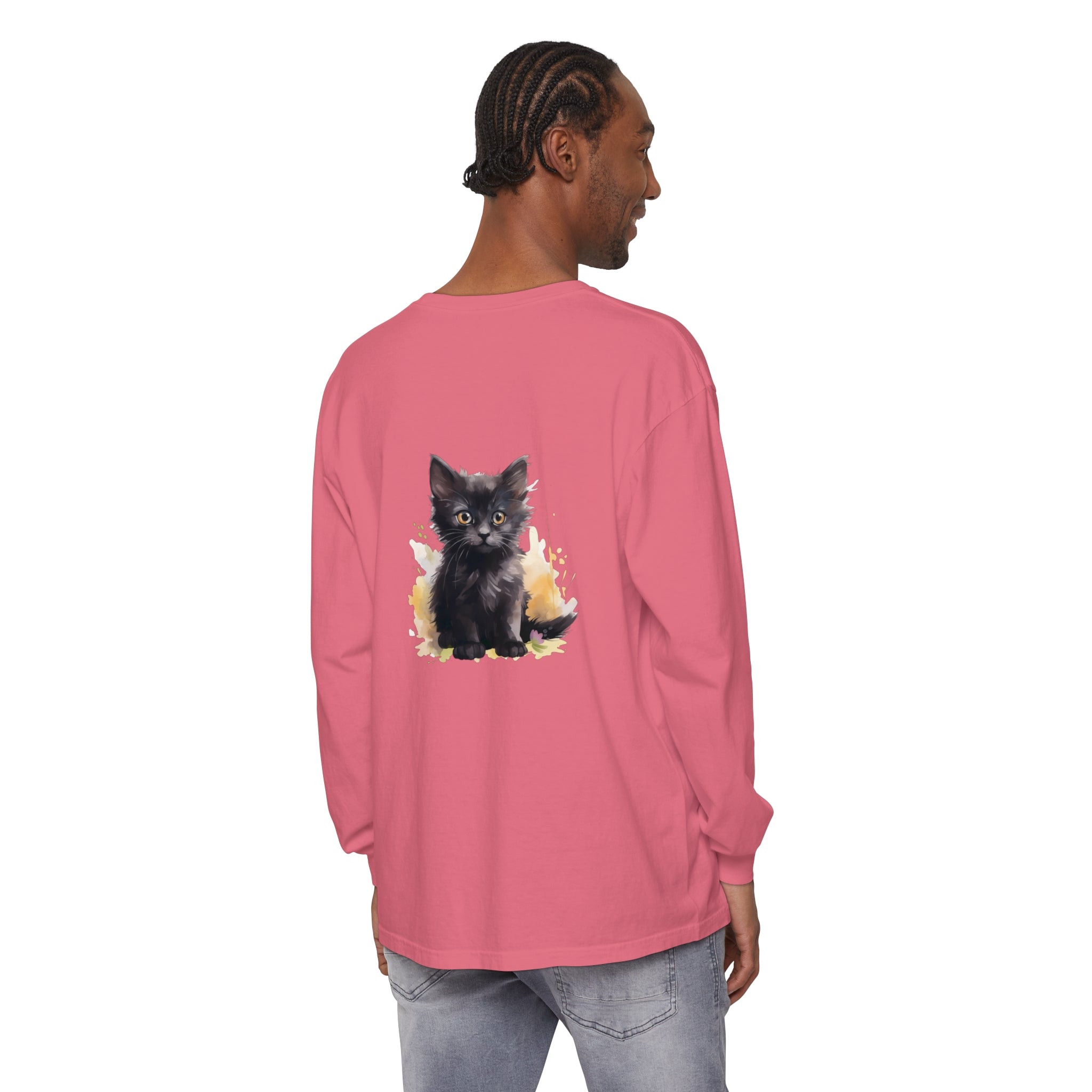 Black Kitten Watercolor Splash T-Shirt: A cute and colorful watercolor design featuring a playful black kitten on a black t-shirt