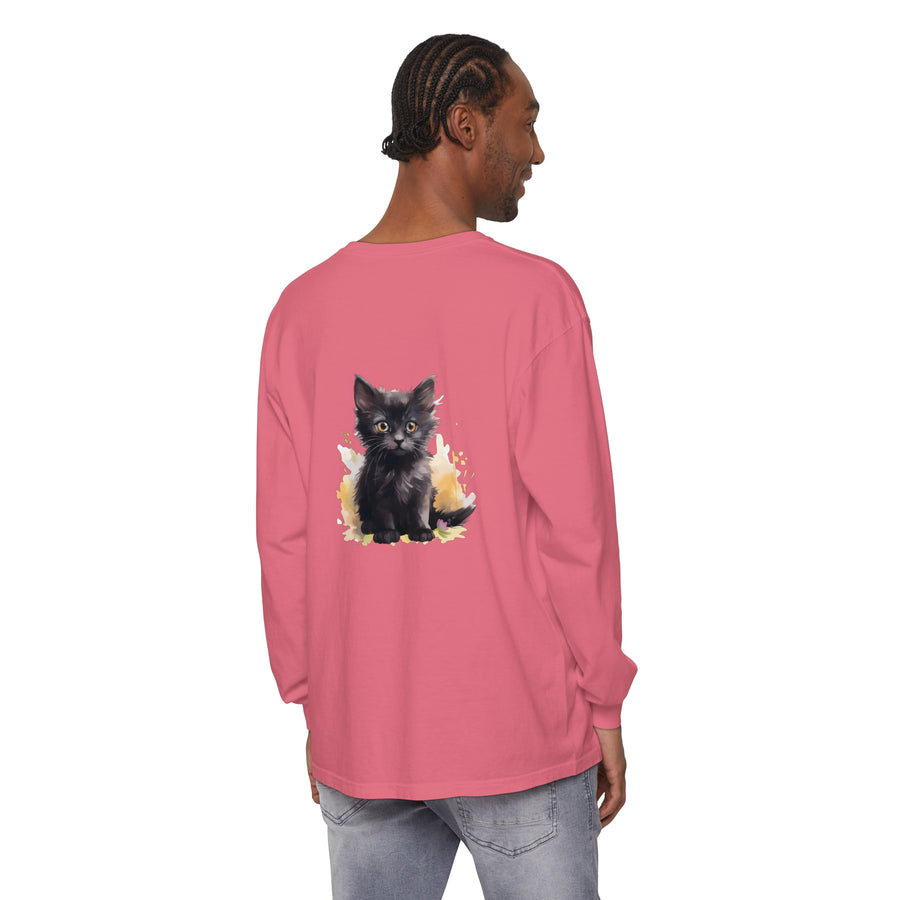 Black Kitten Watercolor Splash T-Shirt: A cute and colorful watercolor design featuring a playful black kitten on a black t-shirt