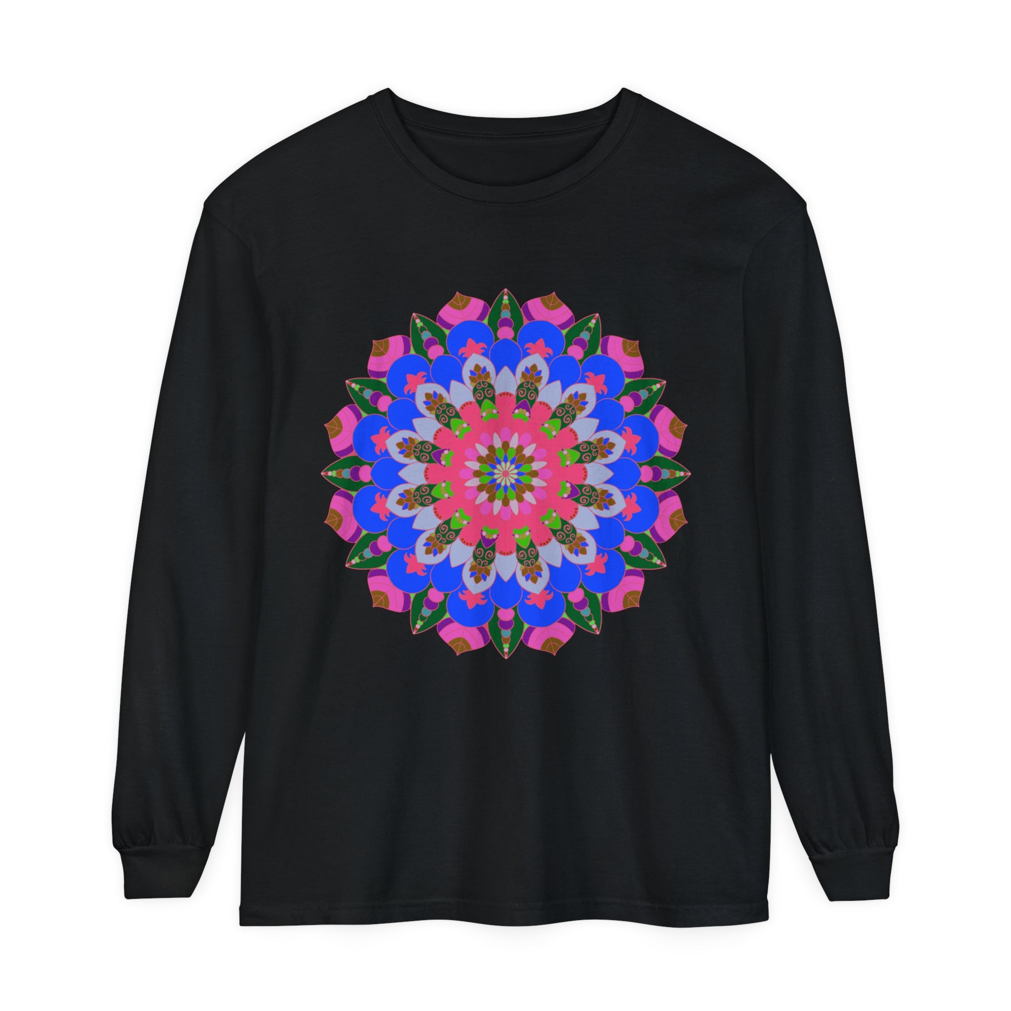 Colorful and intricate mandala design on a comfortable long sleeve t-shirt