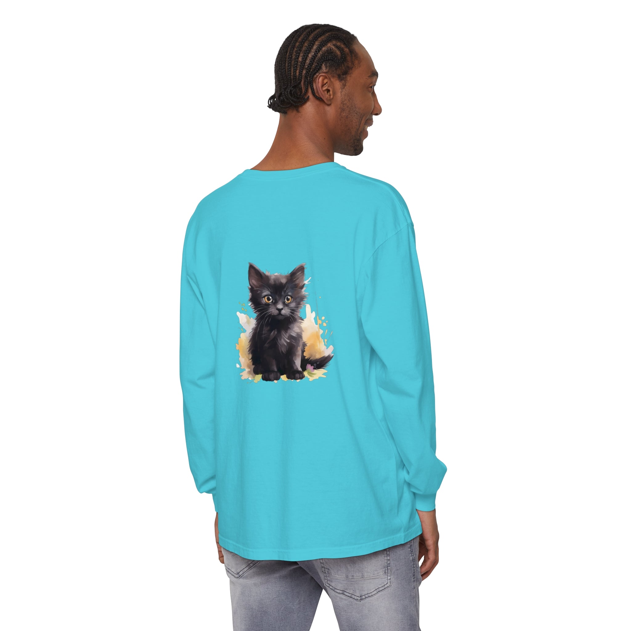 Black Kitten Watercolor Splash T-Shirt featuring a cute kitten surrounded by vibrant watercolor splashes on a black background