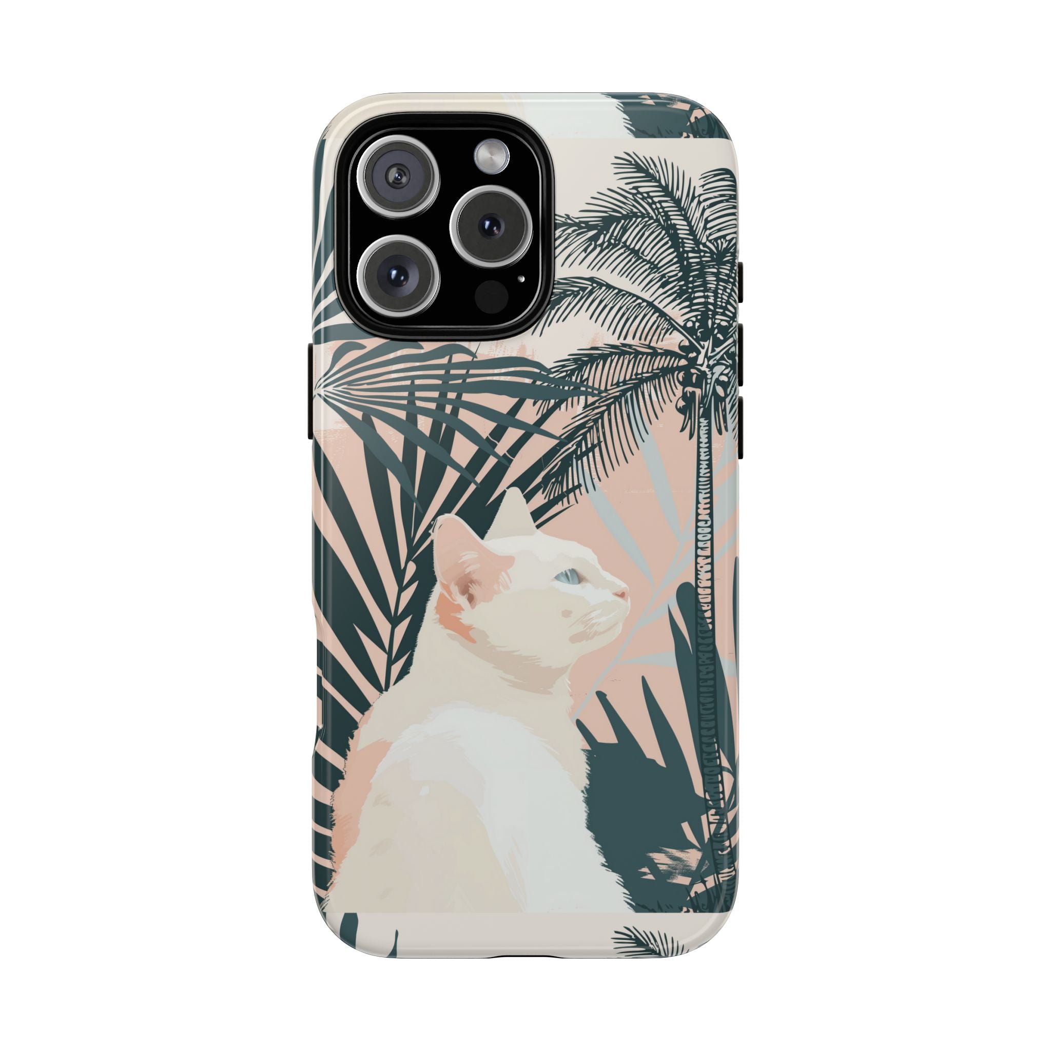Tropical Cat Phone Case with Lush Palm Motifs and Soft Pastels