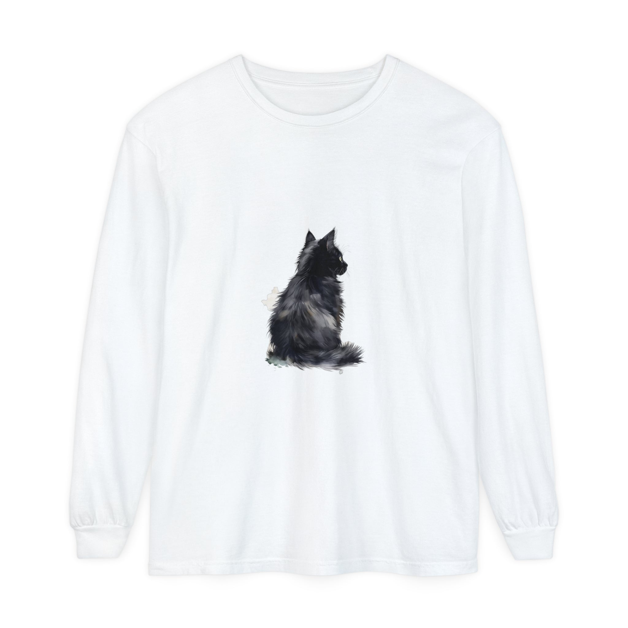 A person wearing the black and white cat watercolor long sleeve t-shirt