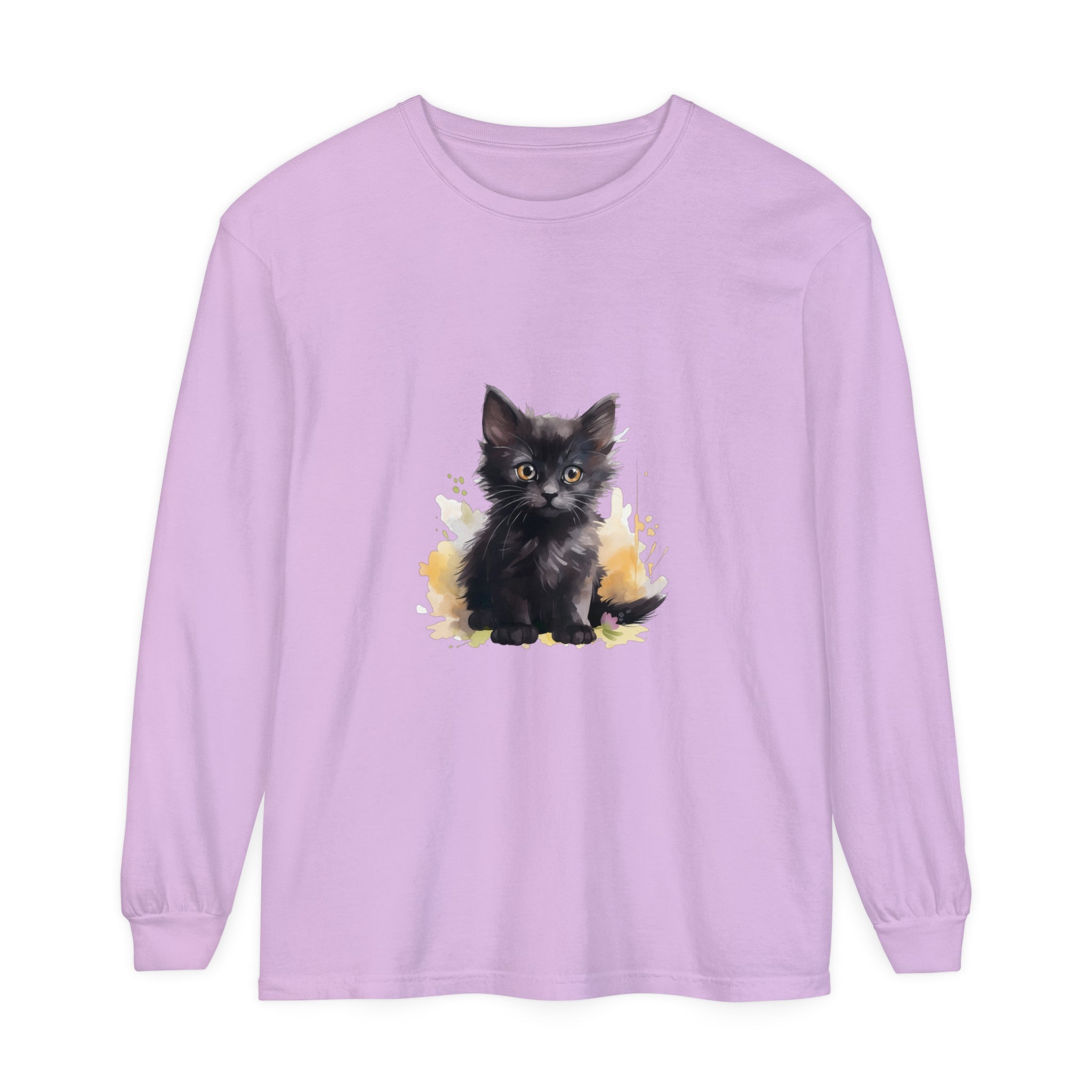 Black Kitten Watercolor Splash T-Shirt: Cute cat design with vibrant watercolor accents on a black tee