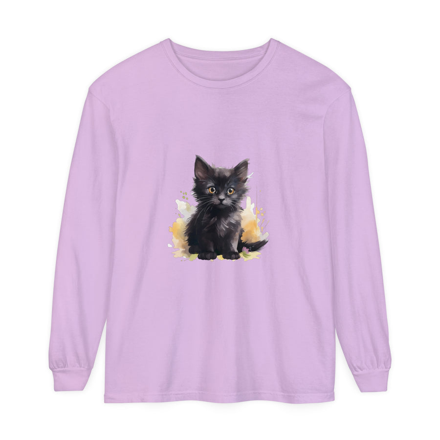 Black Kitten Watercolor Splash T-Shirt: Cute cat design with vibrant watercolor accents on a black tee