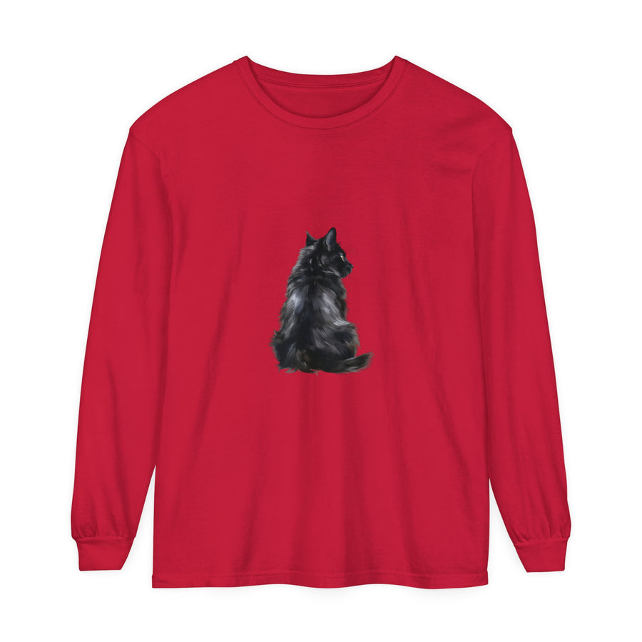 Black Cat Mystique Long Sleeve T-Shirt: A stylish black long sleeve shirt featuring a mysterious black cat design