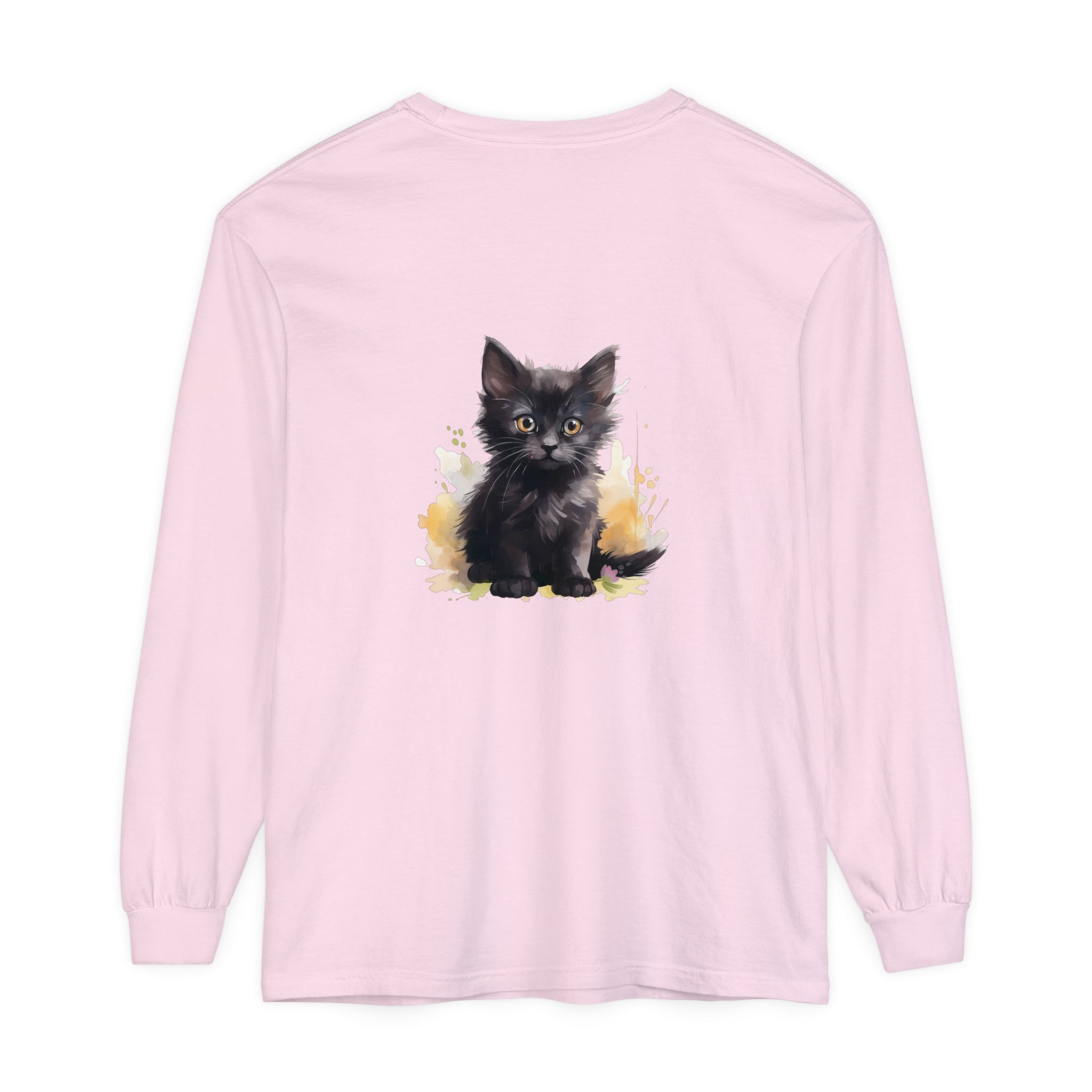A black kitten with a watercolor splash design on a t-shirt