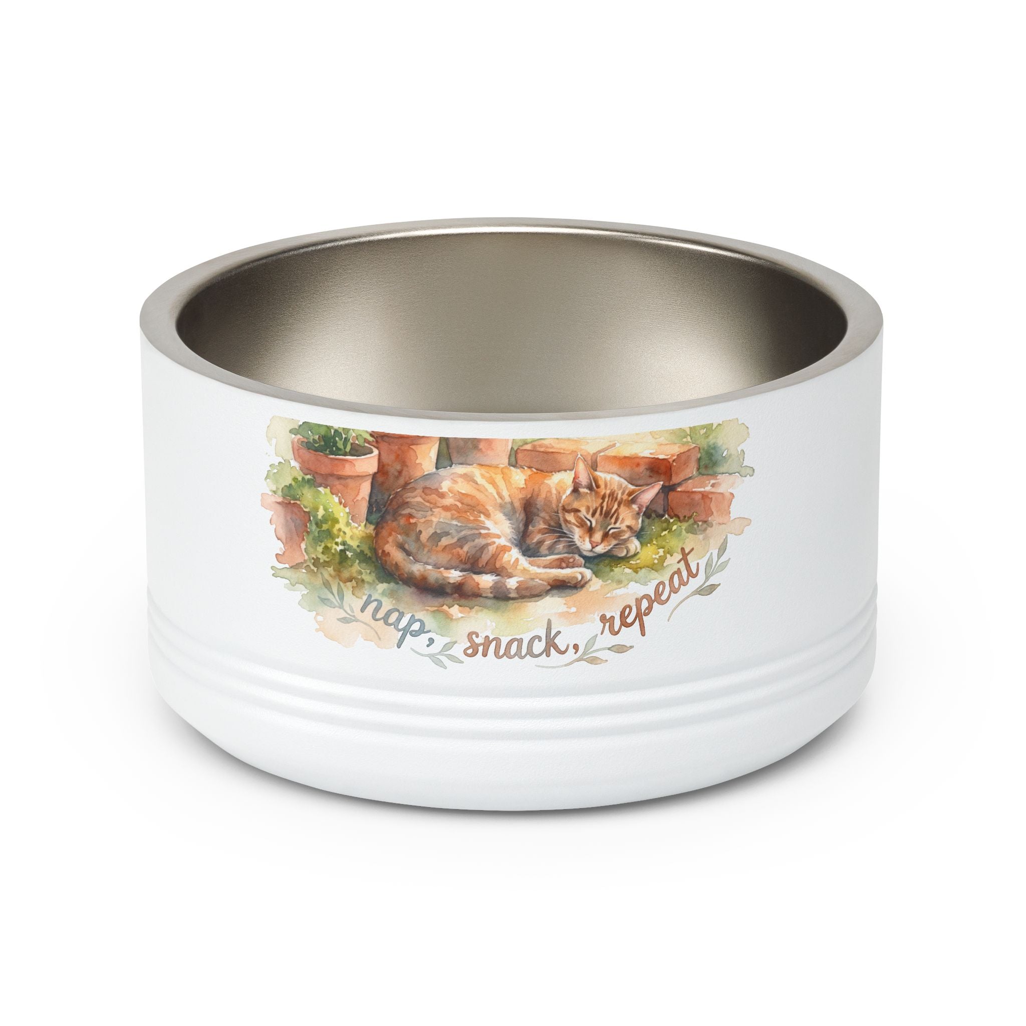 18oz Ceramic Pet Bowl — Watercolor Ginger Cat "Nap. Snack. Repeat."