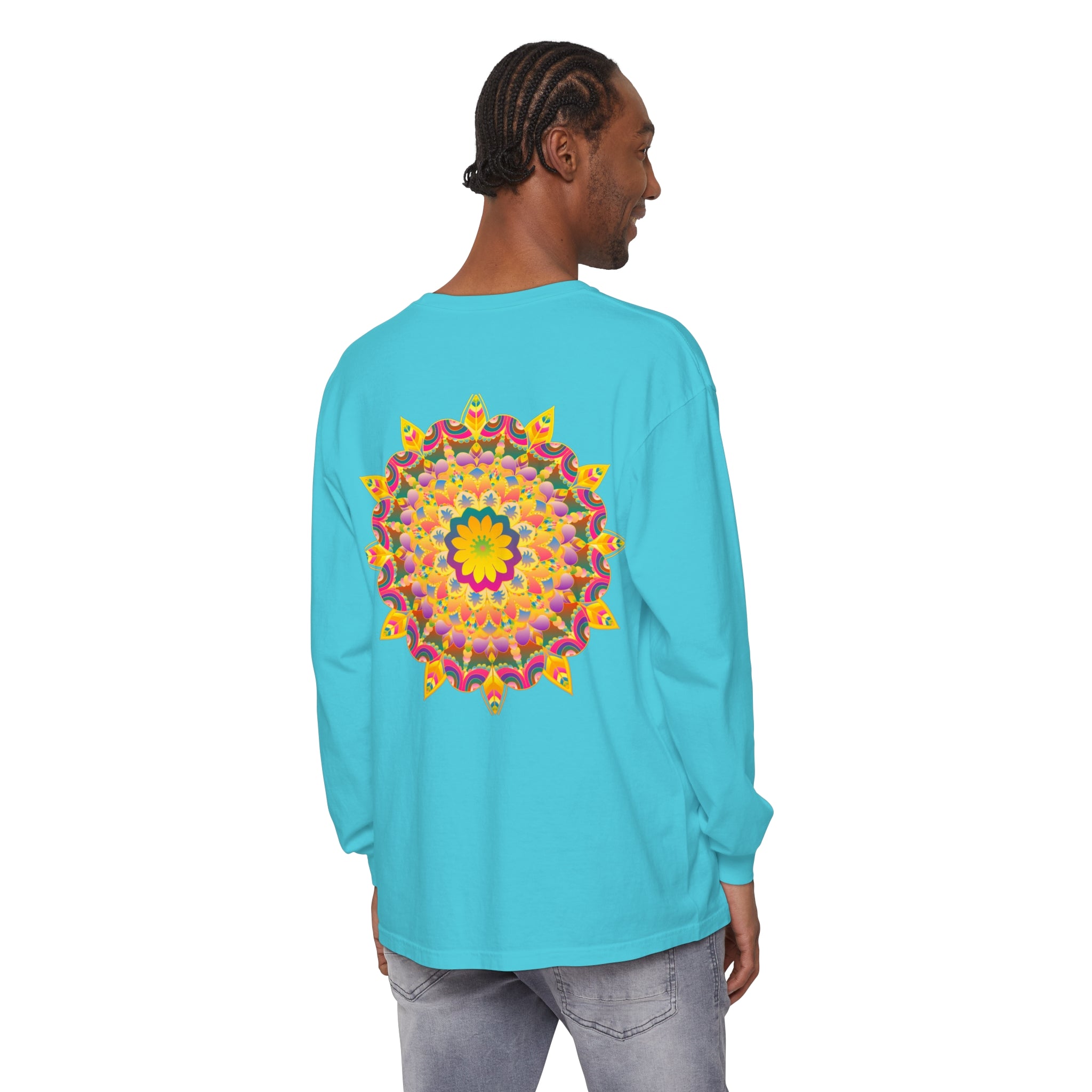Colorful and intricate psychedelic mandala design on a long sleeve t-shirt