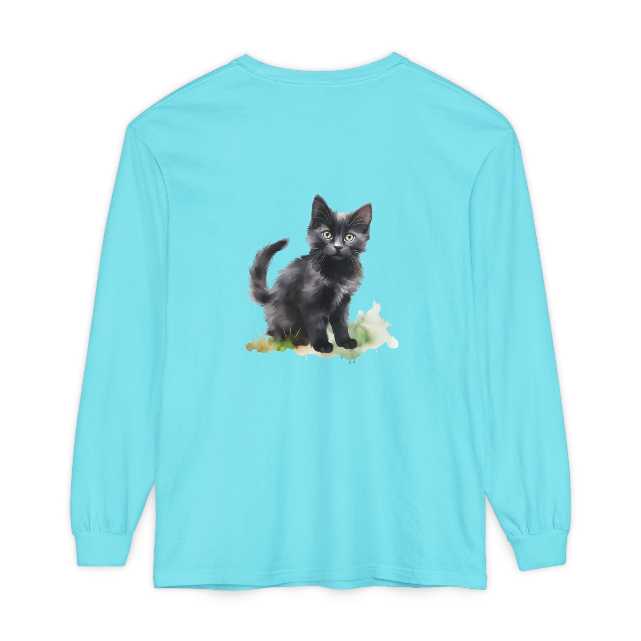 Maglietta a maniche lunghe con gatto nero e acquerello