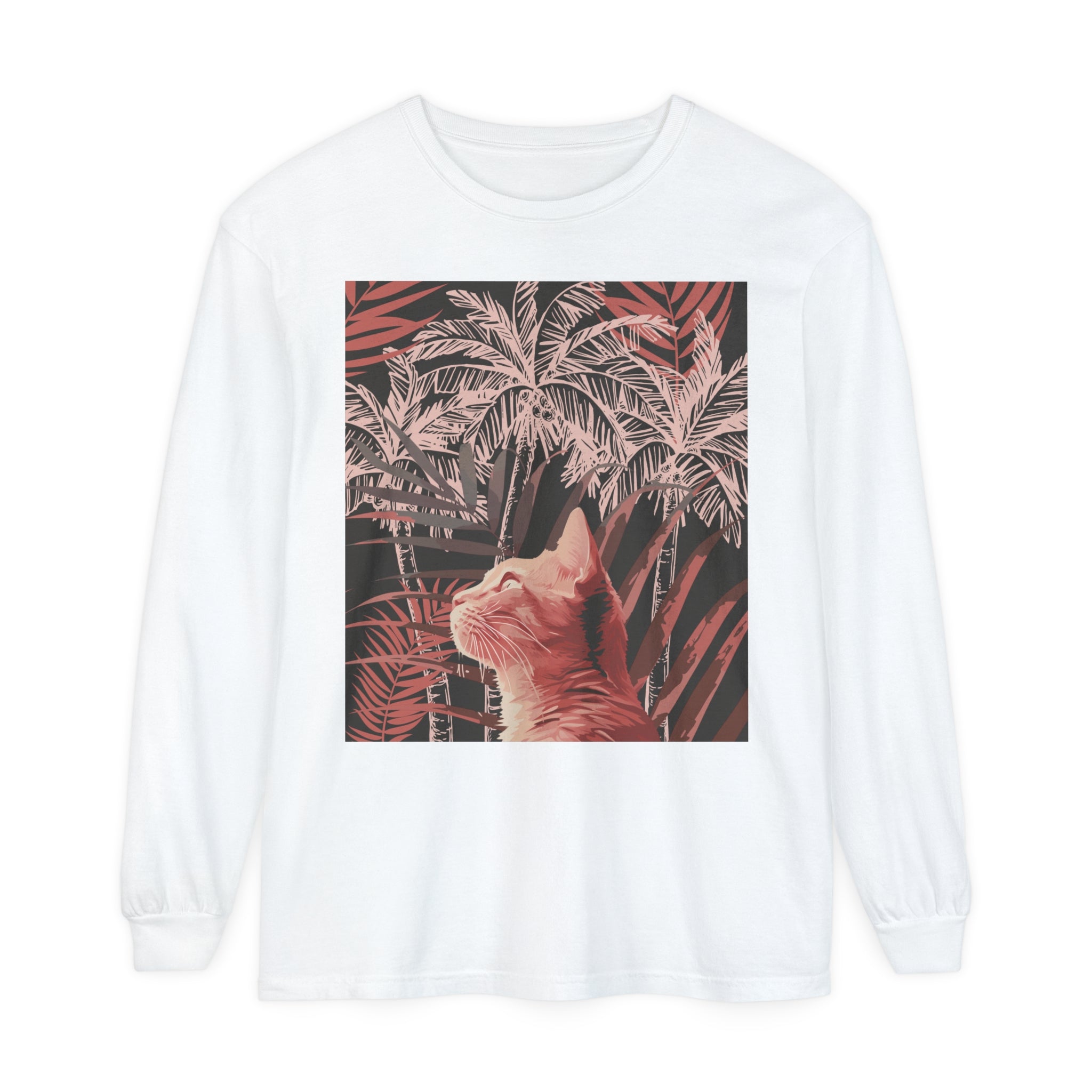 A comfortable, stylish t-shirt featuring a playful ginger cat and palm tree design