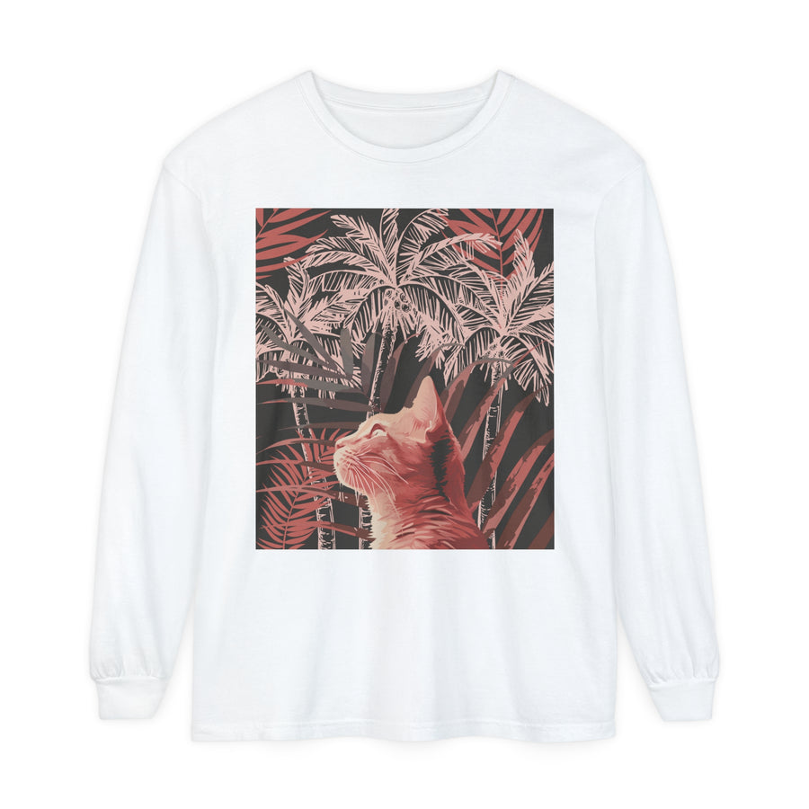 A comfortable, stylish t-shirt featuring a playful ginger cat and palm tree design