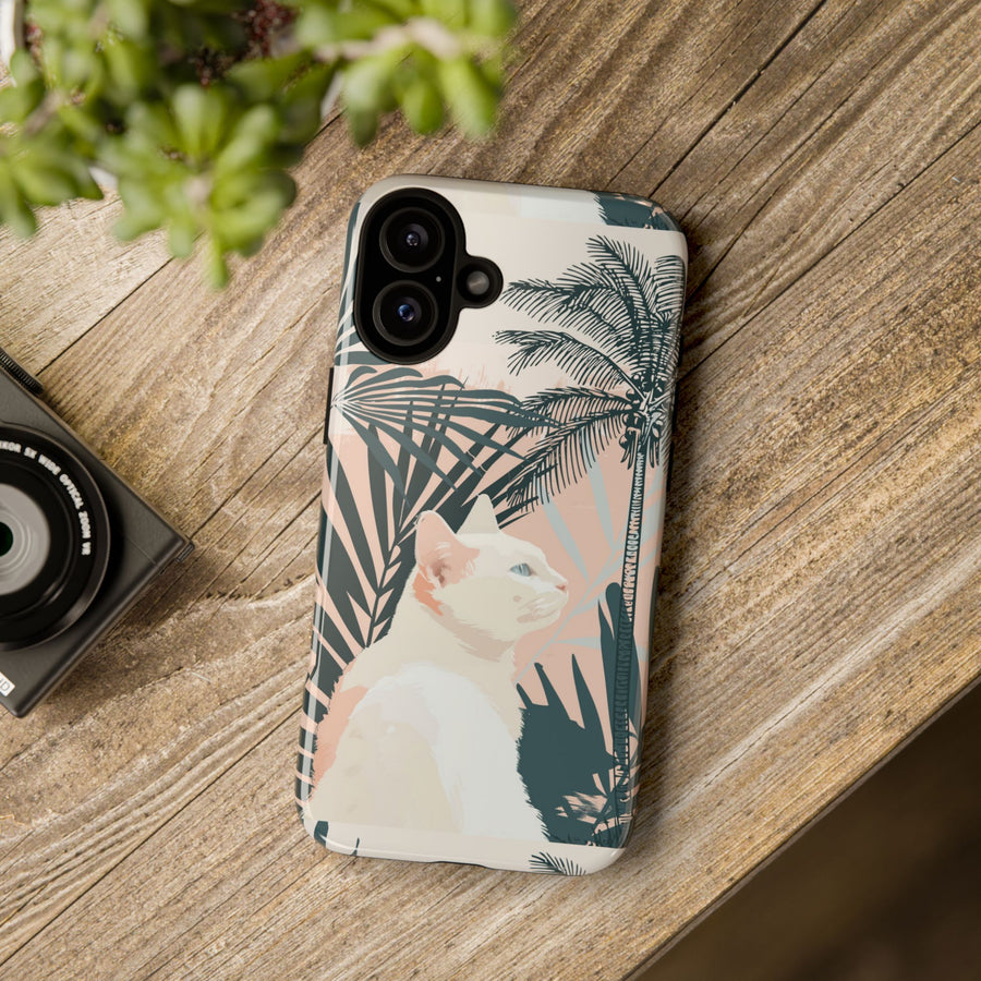 Tropical Cat Phone Case with Lush Palm Motifs and Soft Pastels