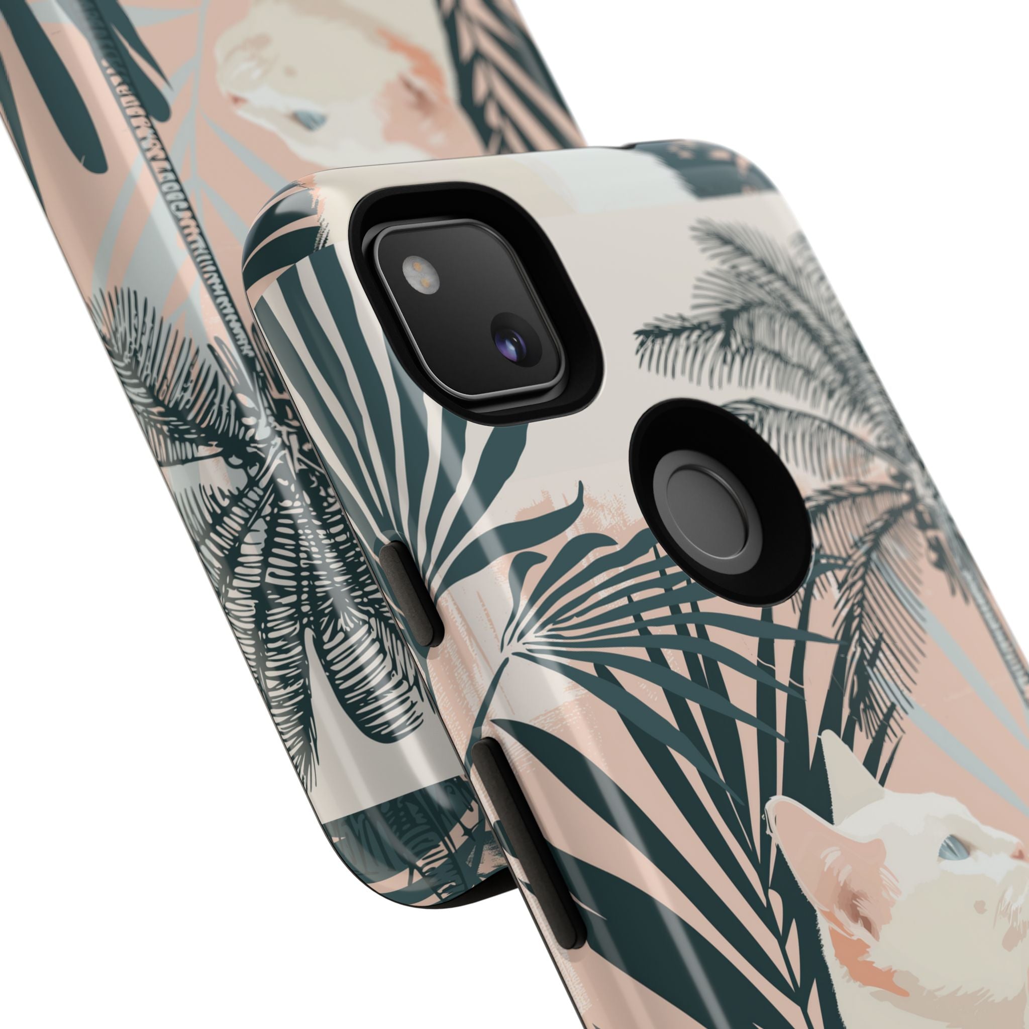 Tropical Cat Phone Case with Lush Palm Motifs and Soft Pastels