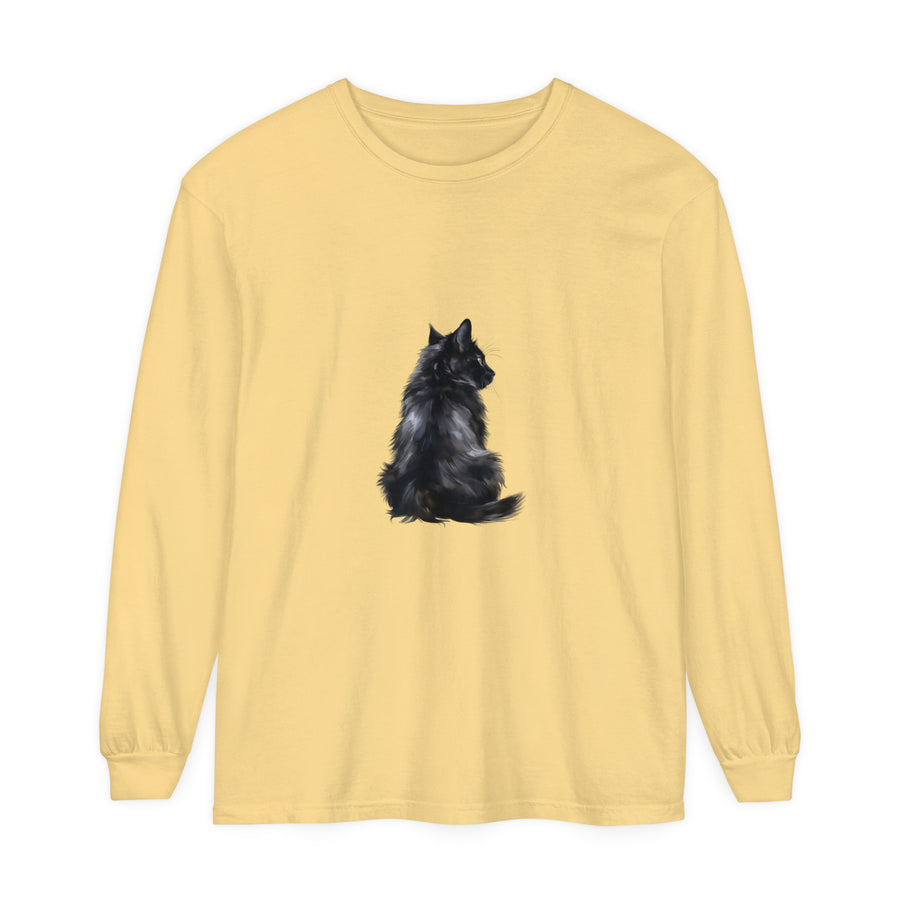 Black Cat Mystique Long Sleeve T-Shirt: a stylish black shirt with a captivating cat graphic
