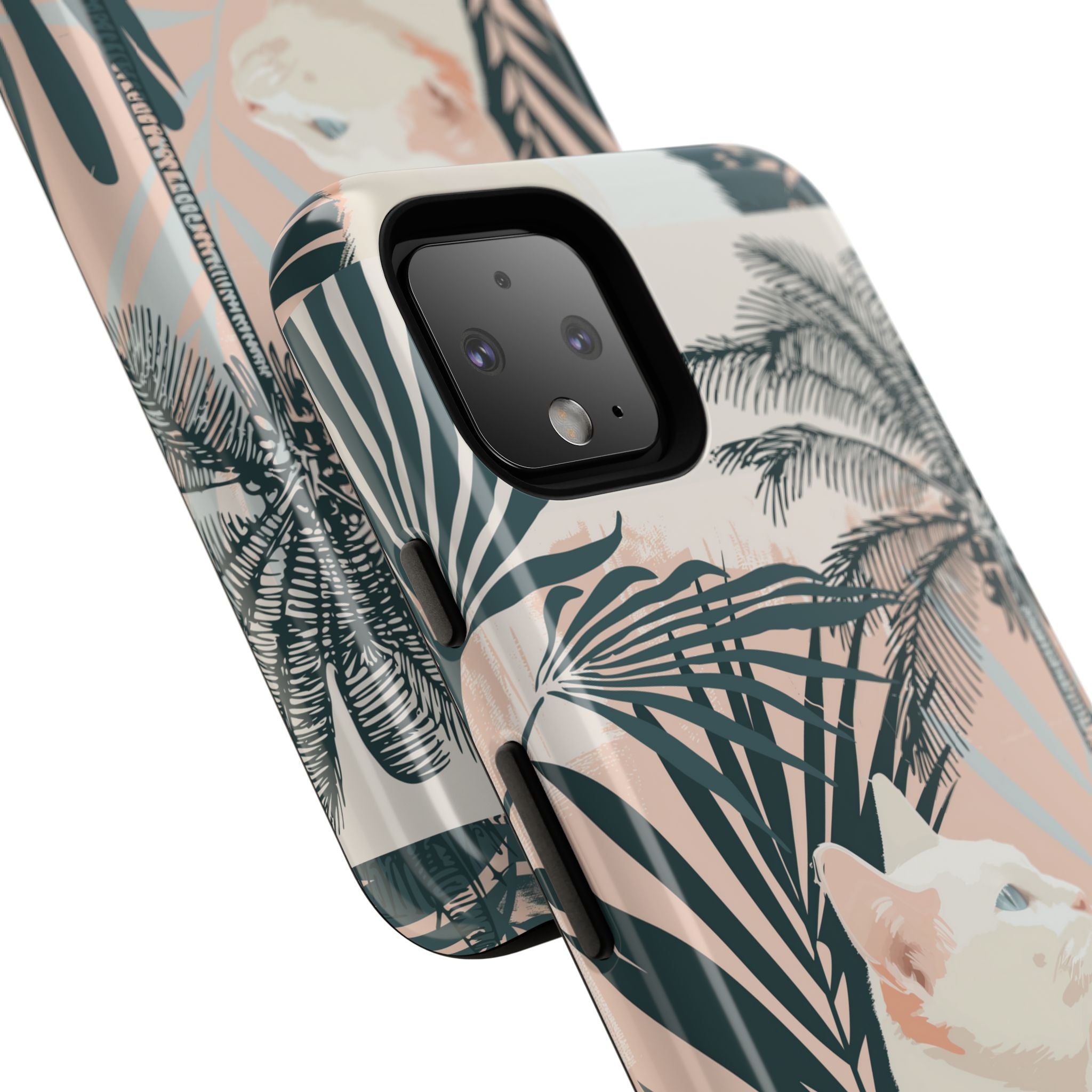 Tropical Cat Phone Case with Lush Palm Motifs and Soft Pastels