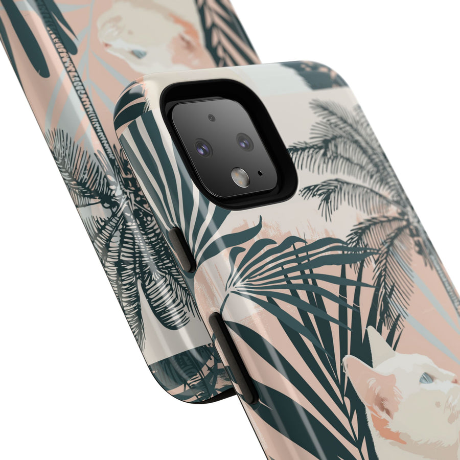 Tropical Cat Phone Case with Lush Palm Motifs and Soft Pastels