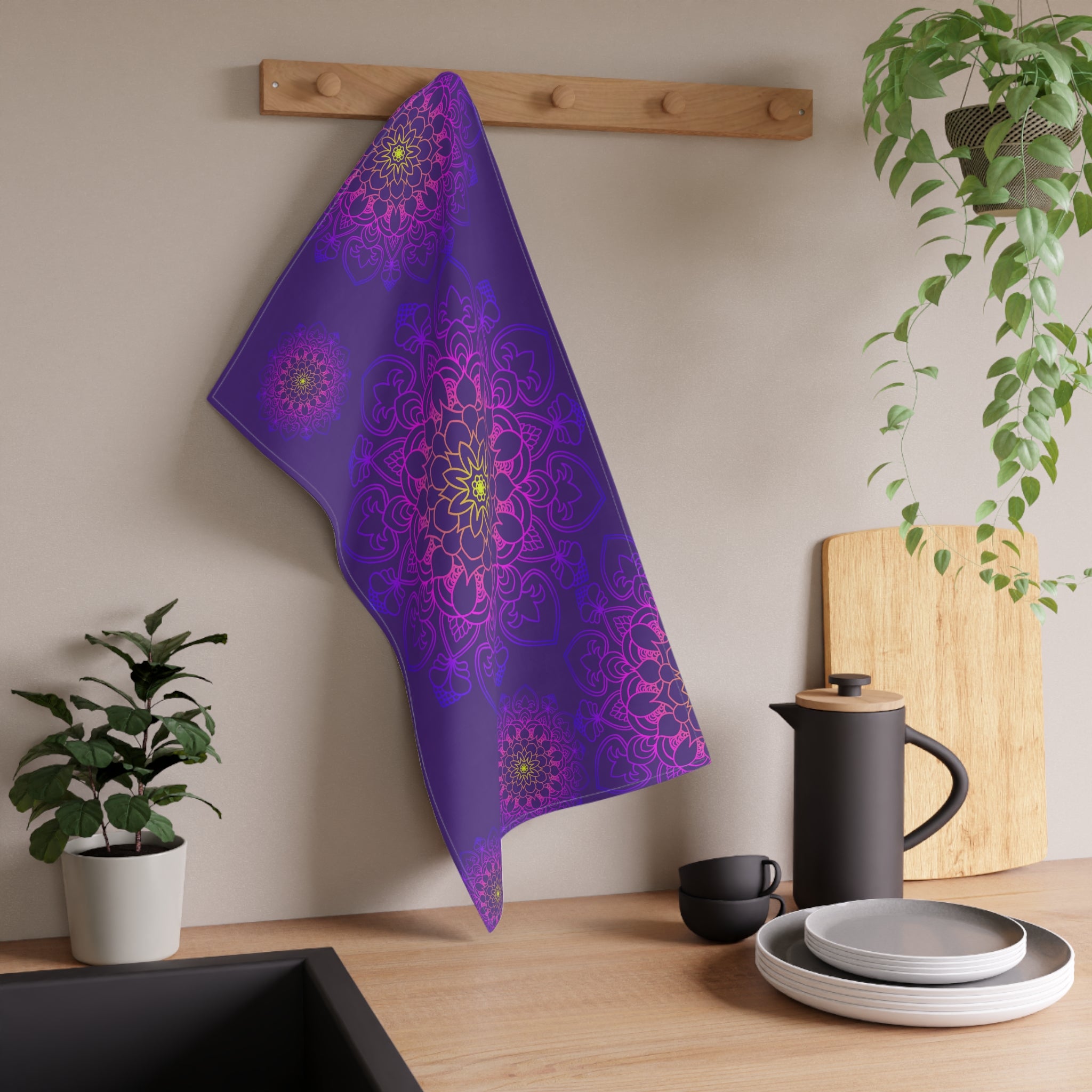Florales Mandala Küchenhandtücher-Set in satten Lila- und Rosatönen