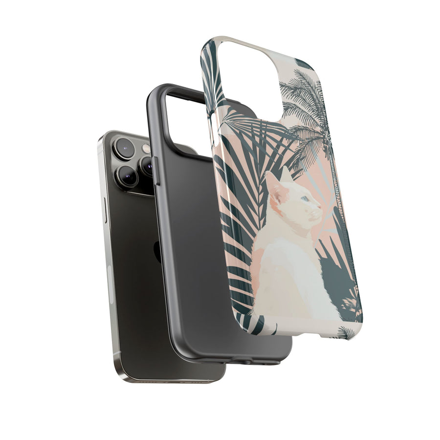 Tropical Cat Phone Case with Lush Palm Motifs and Soft Pastels