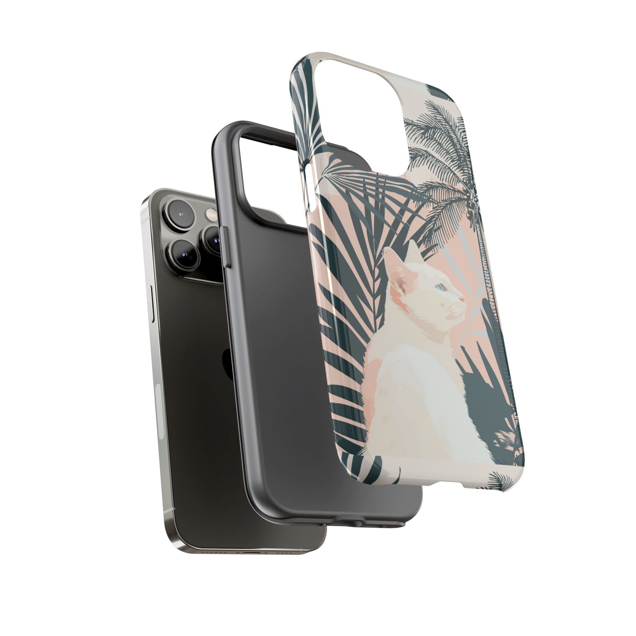 Tropical Cat Phone Case with Lush Palm Motifs and Soft Pastels