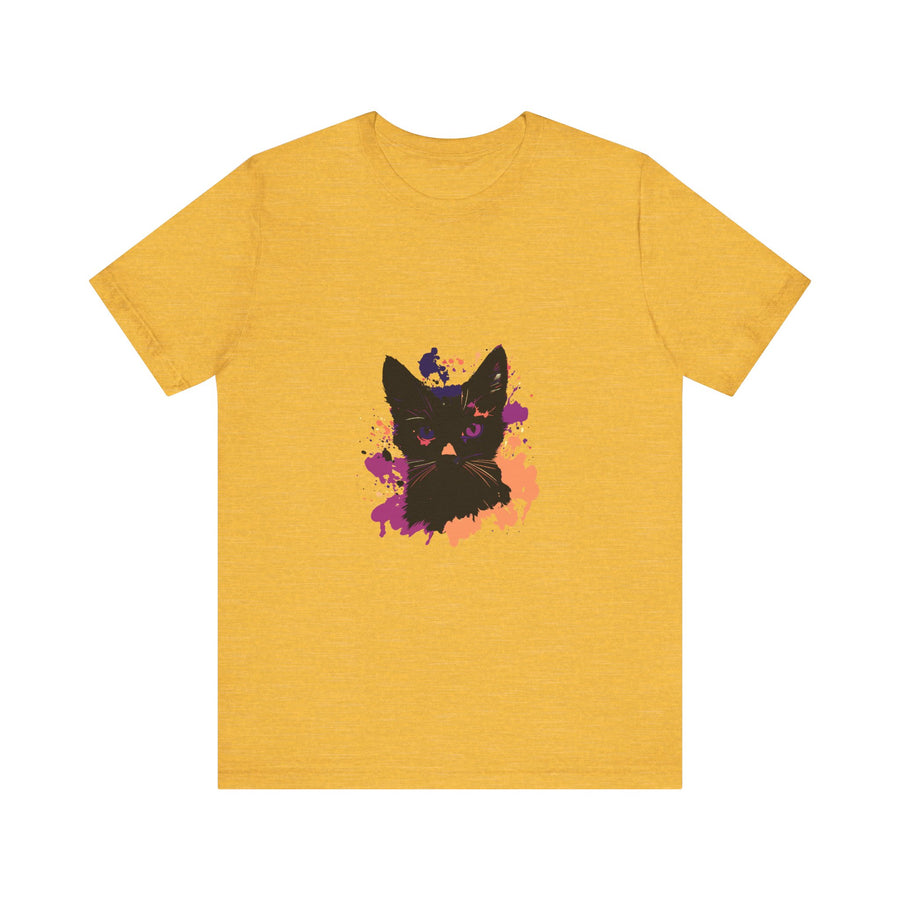Graphic black cat mystery t-shirt with purple eyes design on front