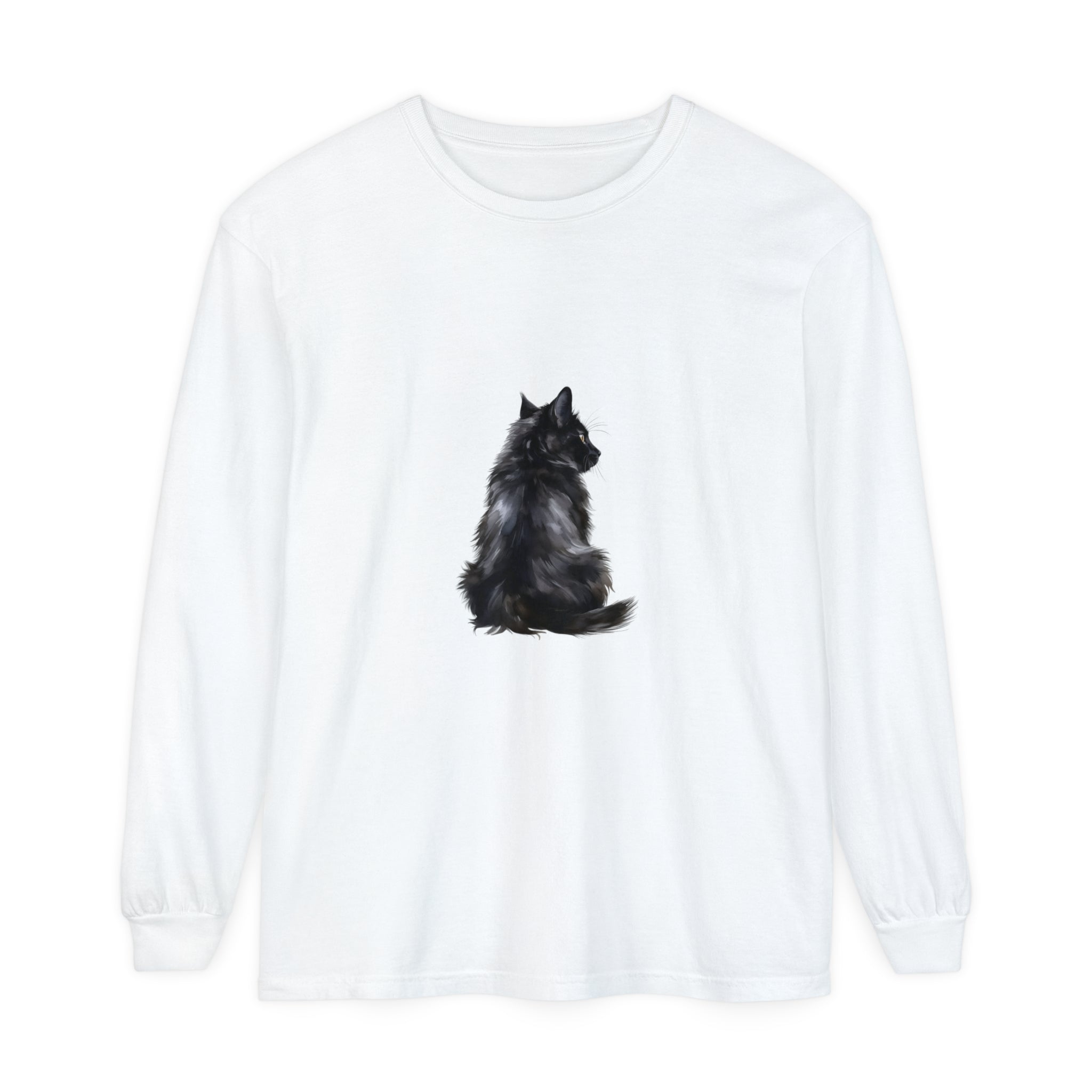 Black Cat Mystique Long Sleeve T-Shirt - a stylish, comfortable black shirt featuring a mysterious cat design on the front