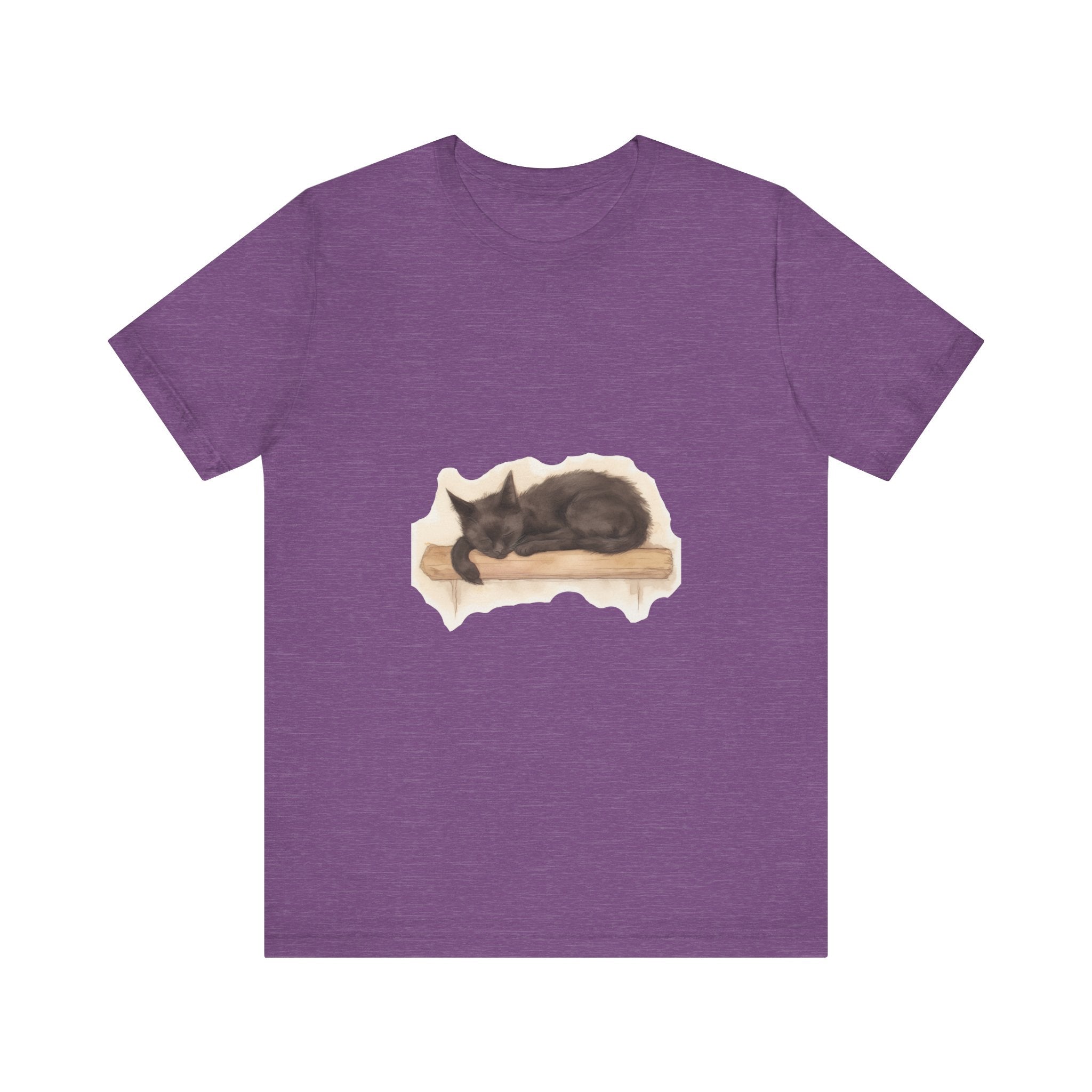 A watercolor illustration of a black cat sleeping peacefully on a t-shirt