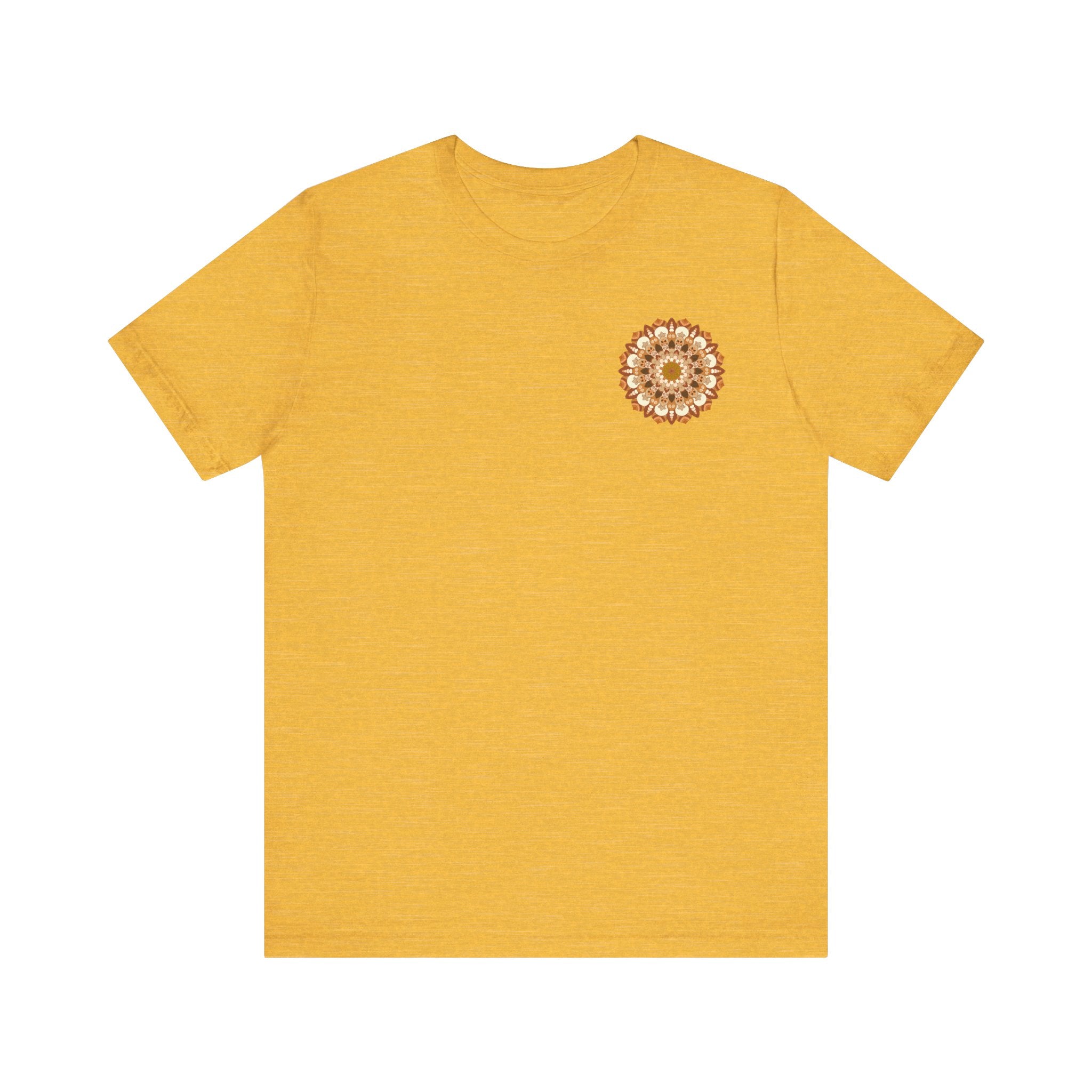 Close-up of mandala tee featuring symbols of peace and harmony