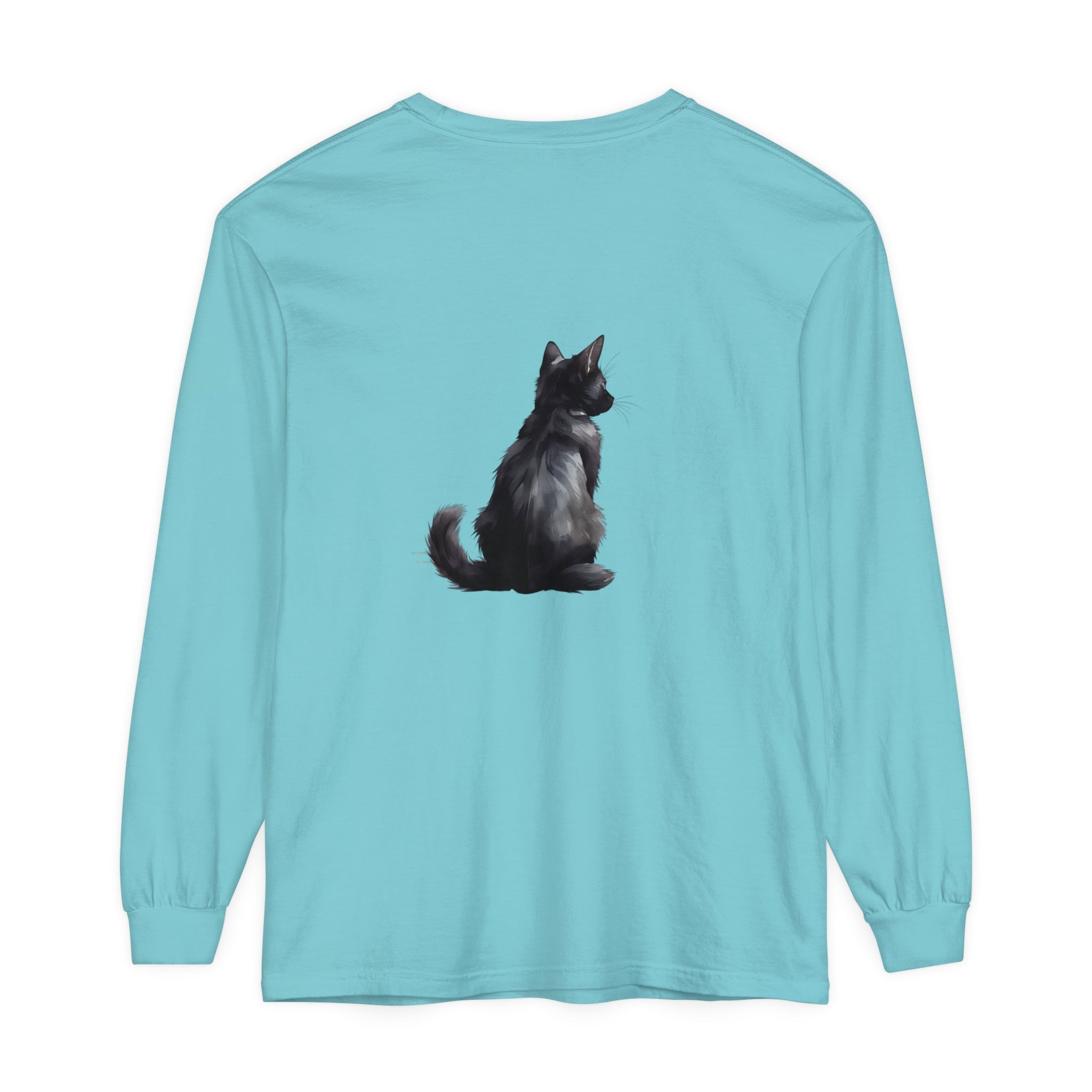 Black Cat Mystery unisex long sleeve tee featuring a haunting black cat design