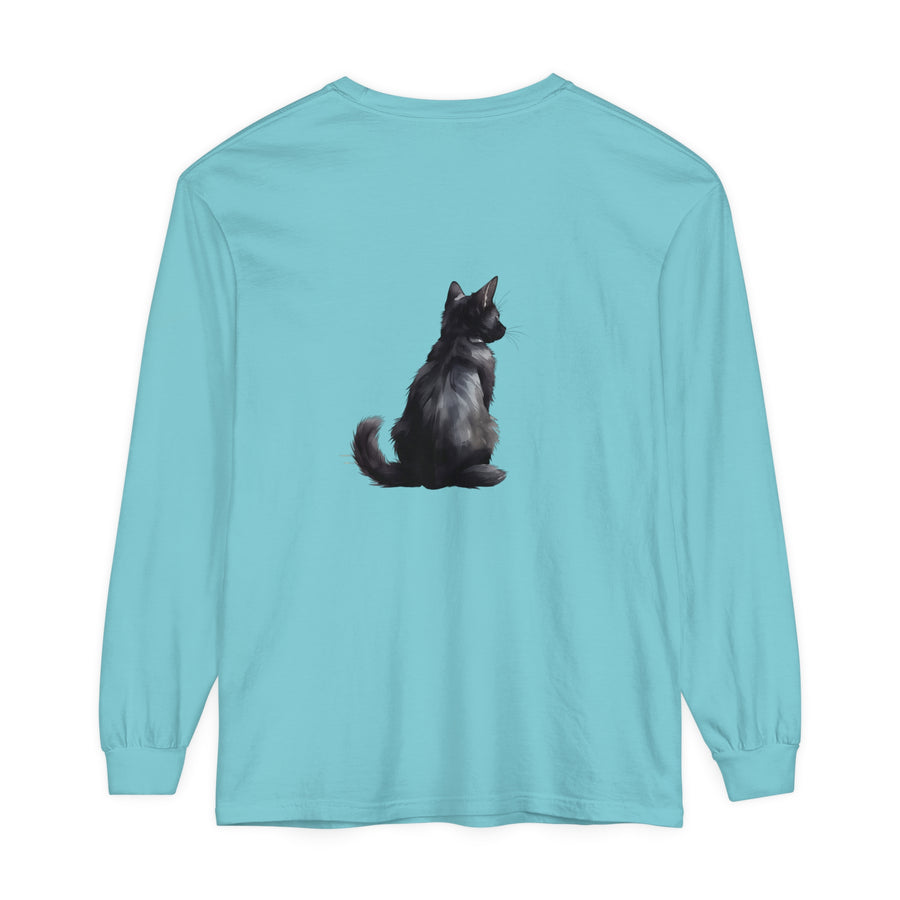 Black Cat Mystery unisex long sleeve tee featuring a haunting black cat design