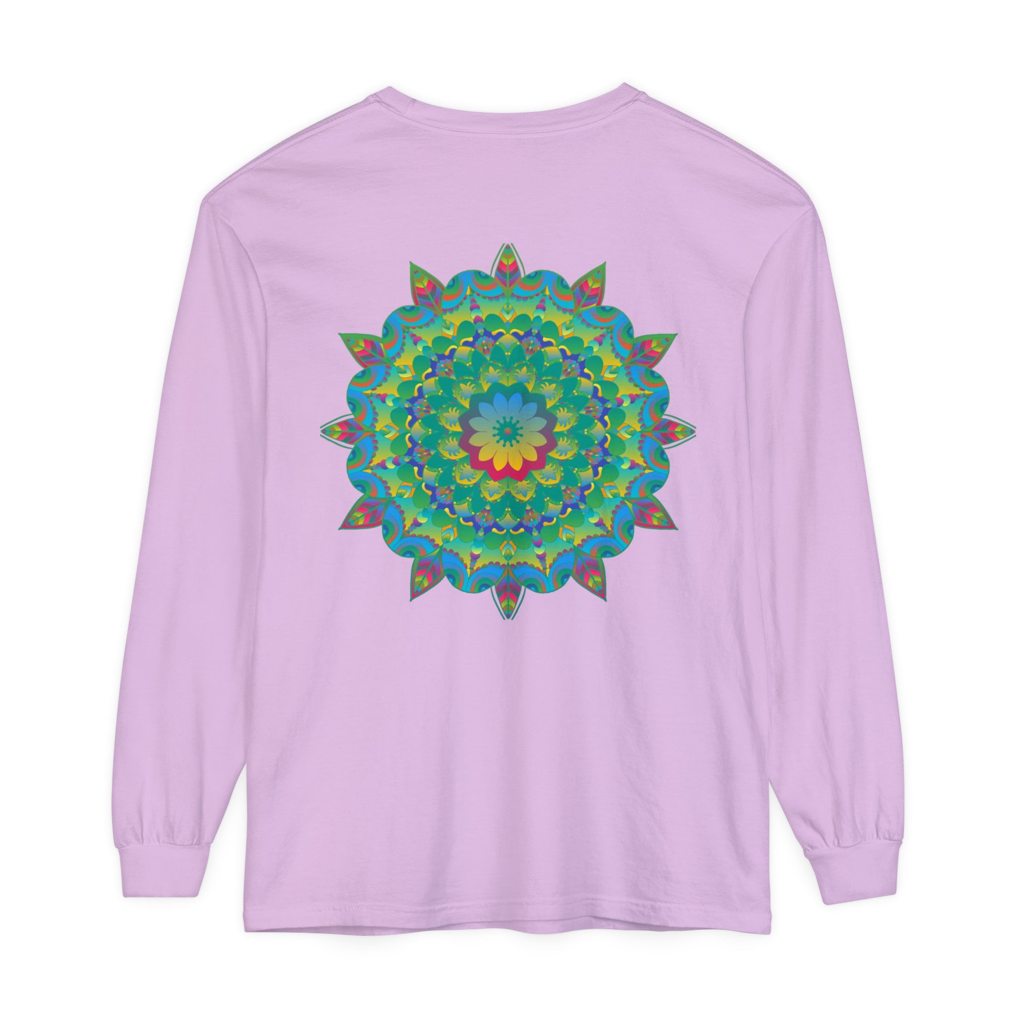 Colorful and intricate psychedelic mandala design printed on a long sleeve t-shirt
