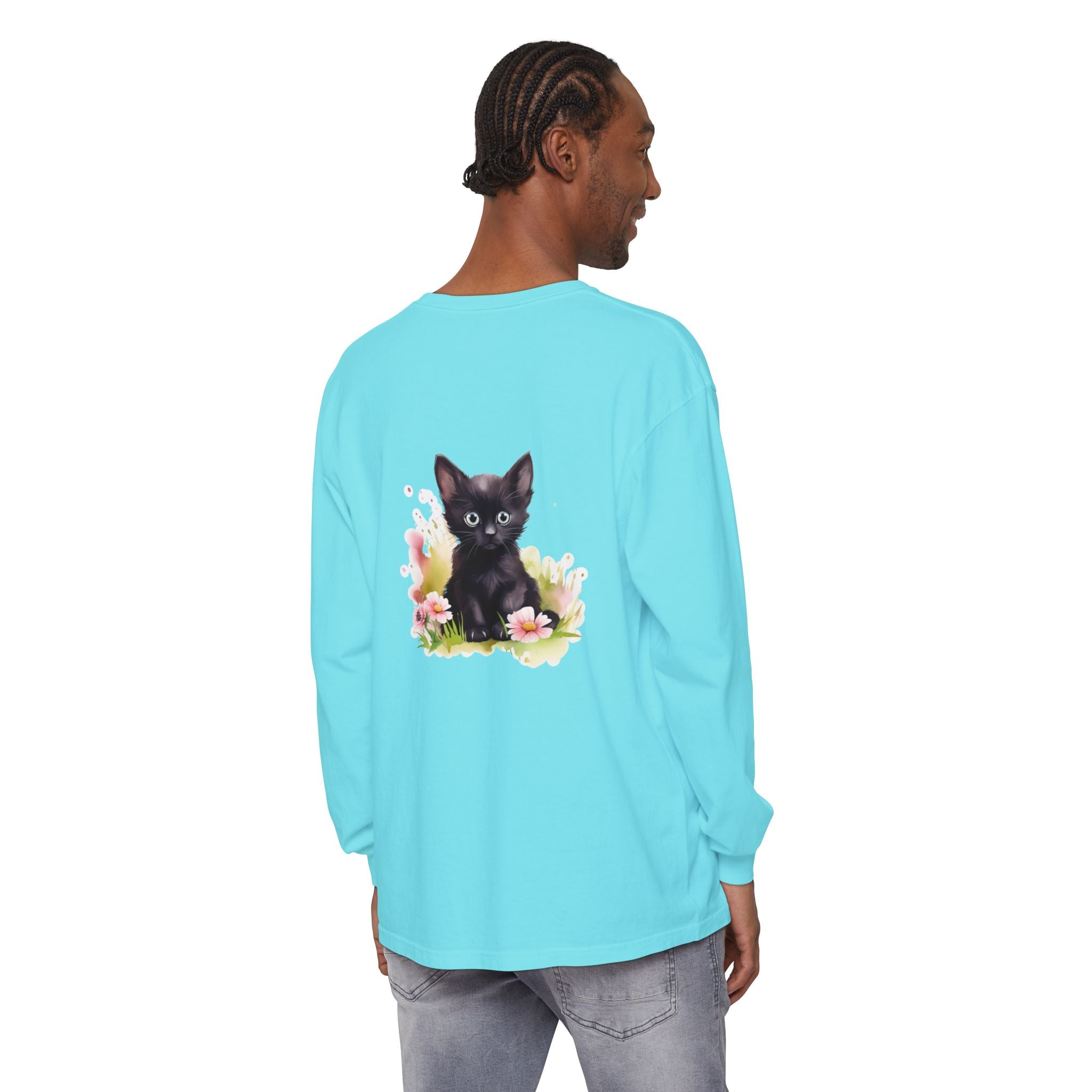 Langarmshirt | Schwarzes Kätzchen & rosa Blumen