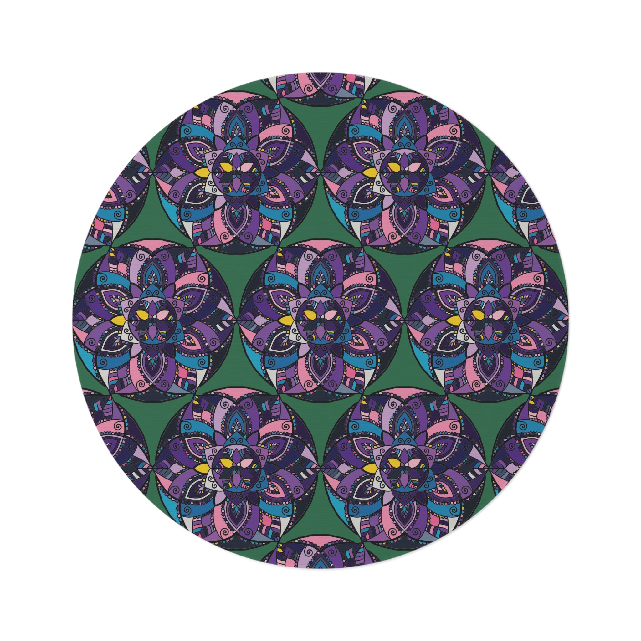 Boho Mandala Round Rug — Purple Teal Floral Decorative Floor Mat