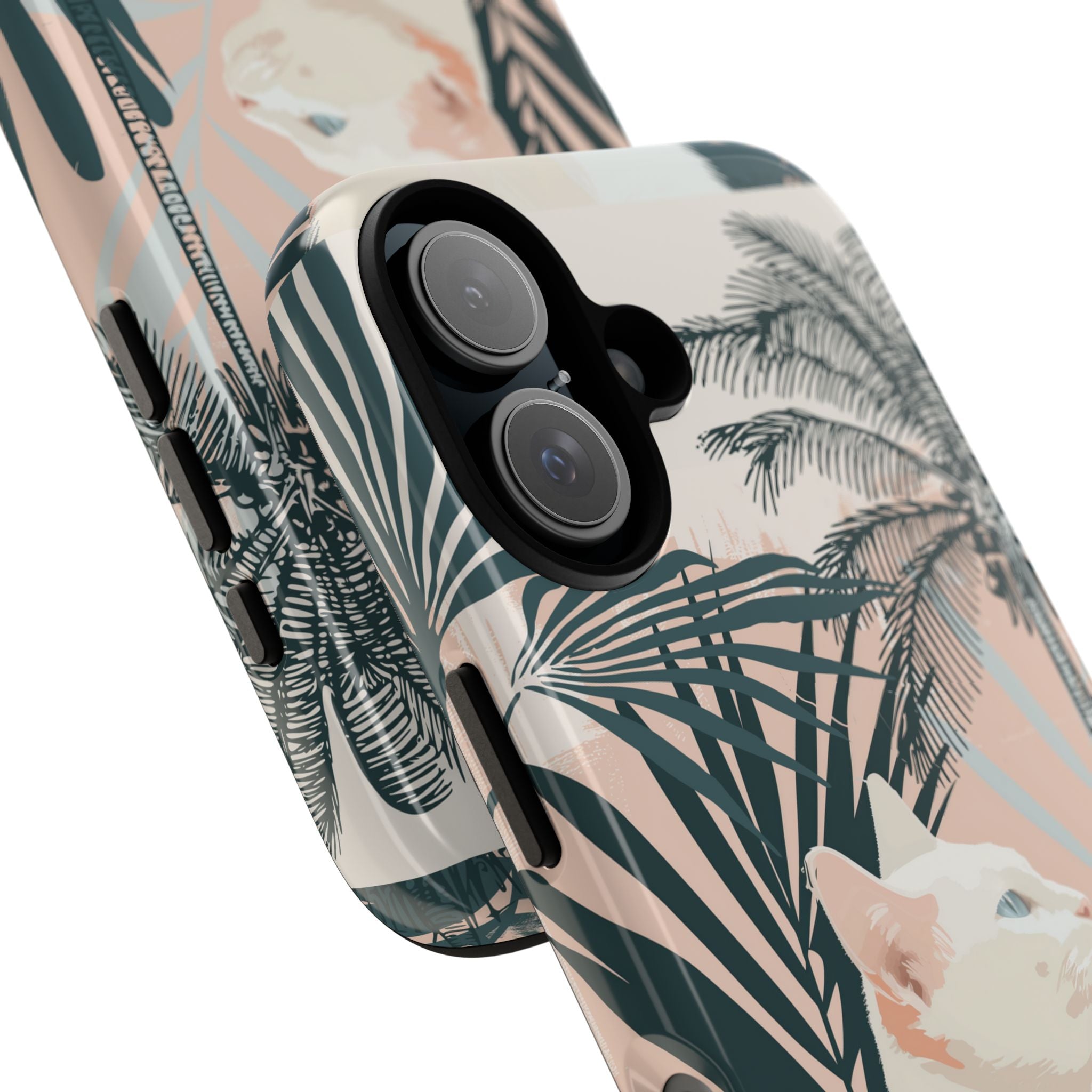 Tropical Cat Phone Case with Lush Palm Motifs and Soft Pastels