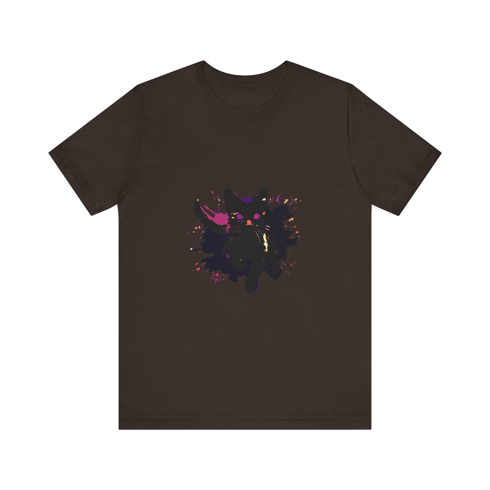 A bold and colorful black cat mystery t-shirt with vibrant design