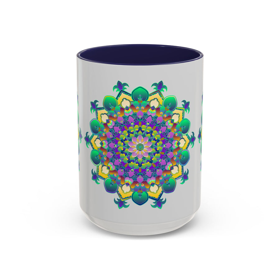 A light grey mug with a vibrant mandala art design, perfect for adding a pop of color to your morning coffee routine