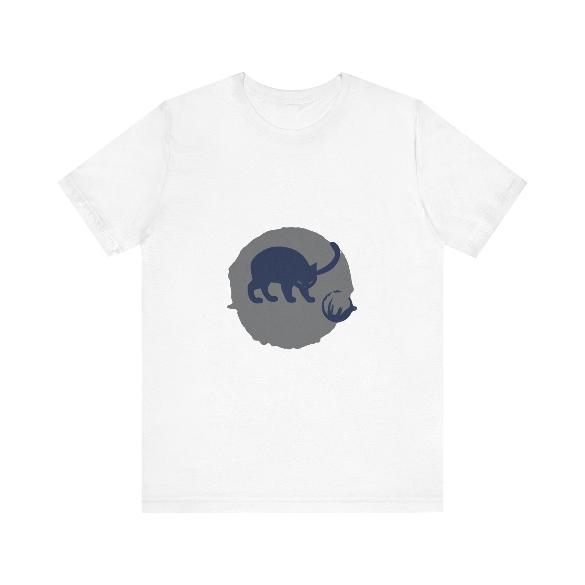 A playful black cat silhouette mystery t-shirt with a striking design