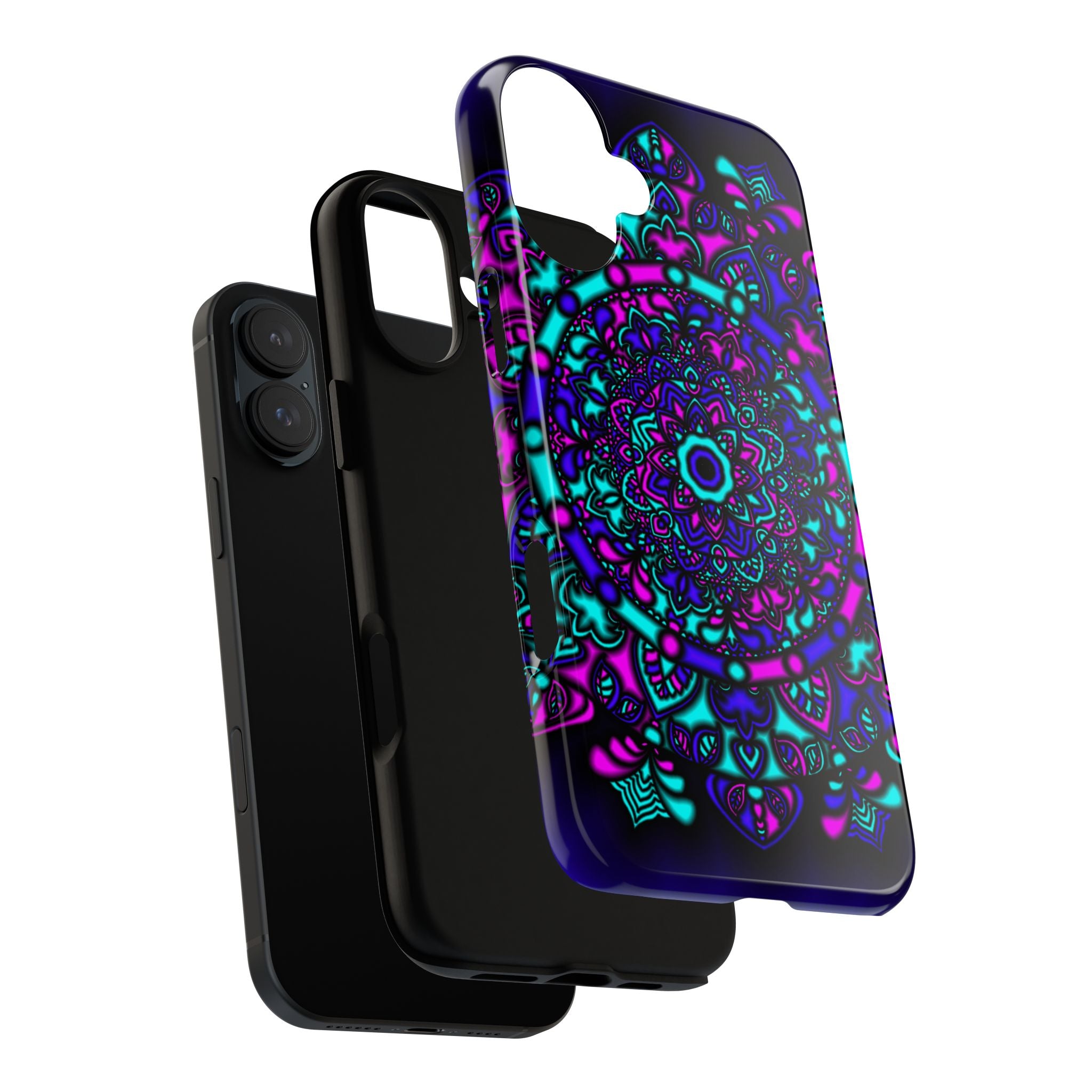 Cover protettiva resistente per telefono Mandala Neon — Viola e Verde acqua