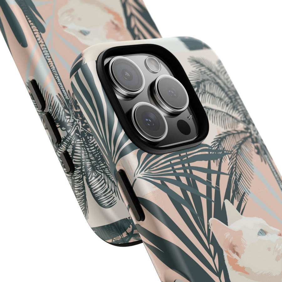 Tropical Cat Phone Case with Lush Palm Motifs and Soft Pastels