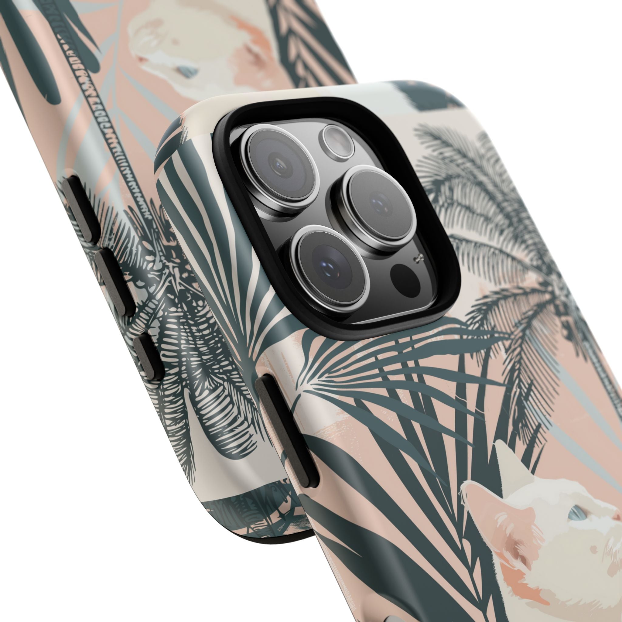 Tropical Cat Phone Case with Lush Palm Motifs and Soft Pastels