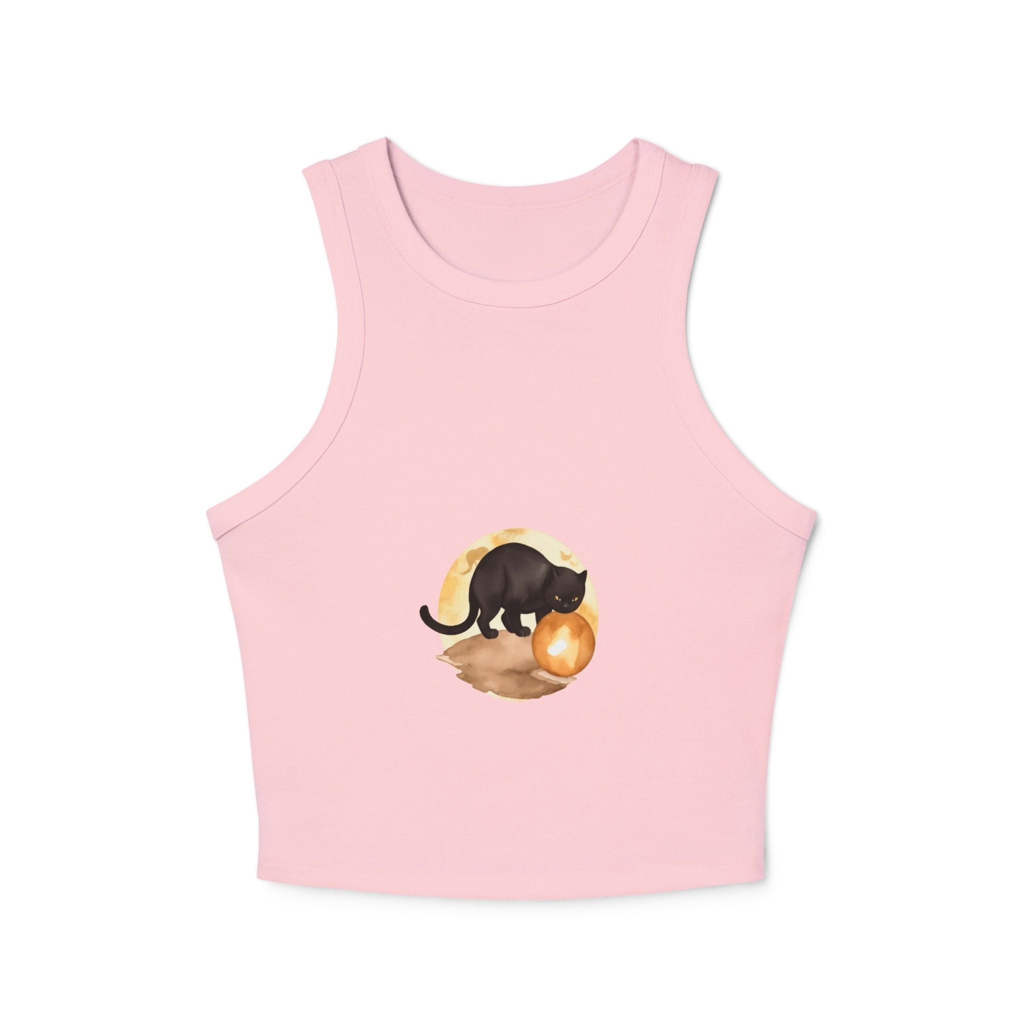 Woman wearing Black Cat Moon Racerback Tank Top while walking in a mysterious forest