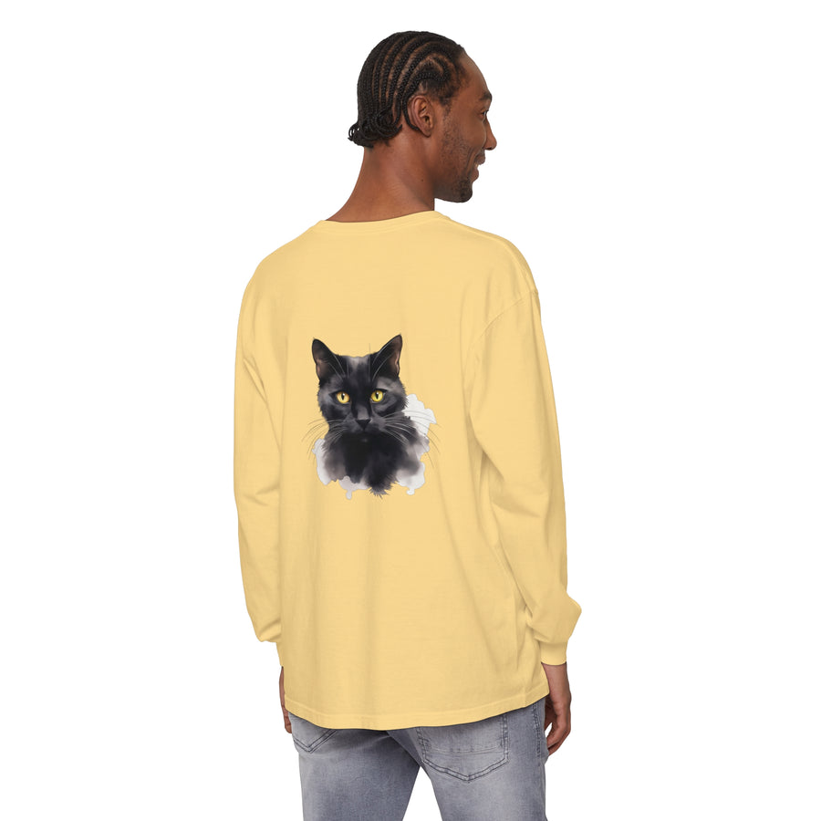 Long Sleeve Tee with Black Cat Face Print